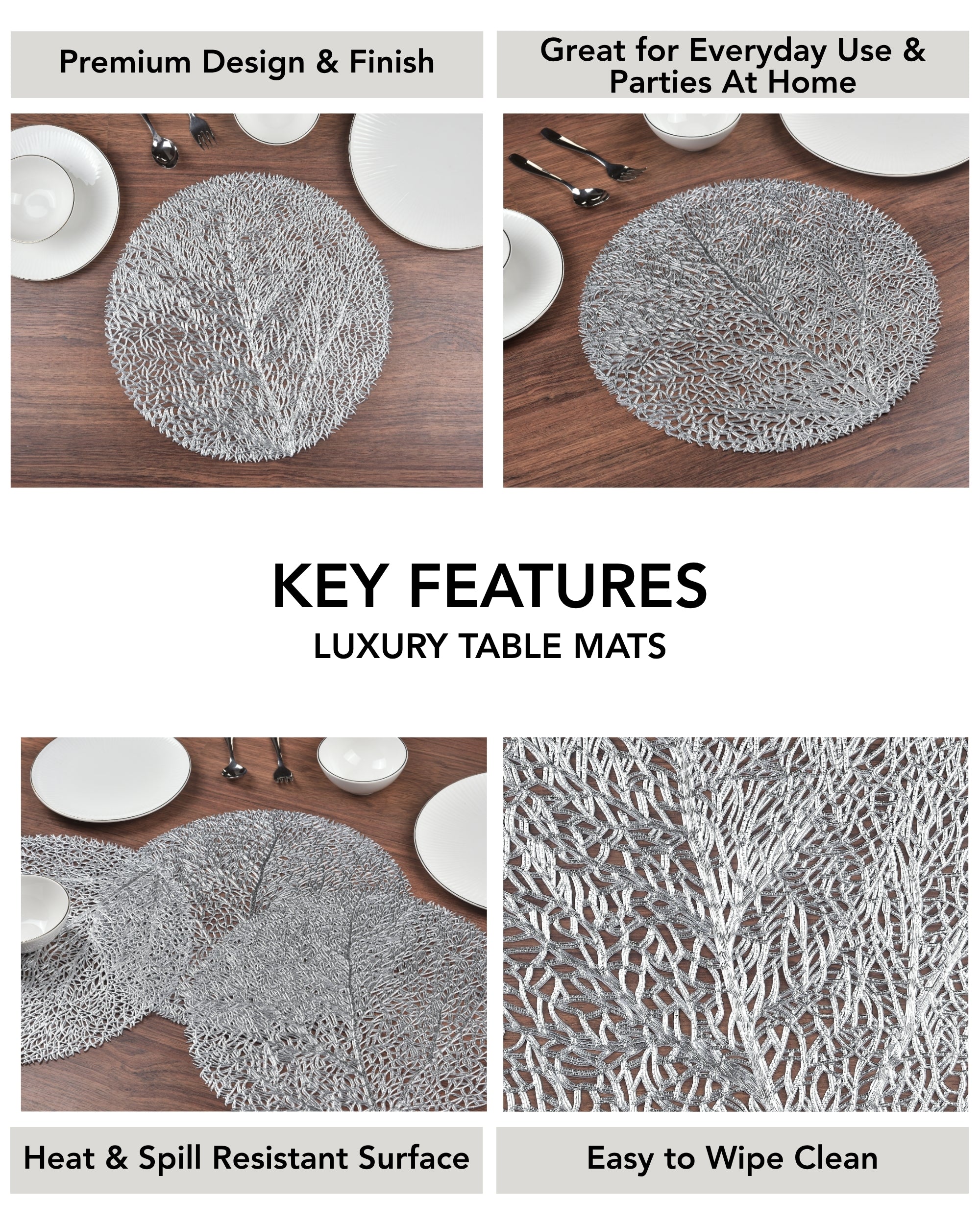 Premsons® Round Table Mat – Elegant Tree Metallic Placemat | Washable, Wipeable, Non-Slip & Heat-Resistant | Stylish Table Mat for Dining, Kitchen, Wedding & Party Décor – Silver