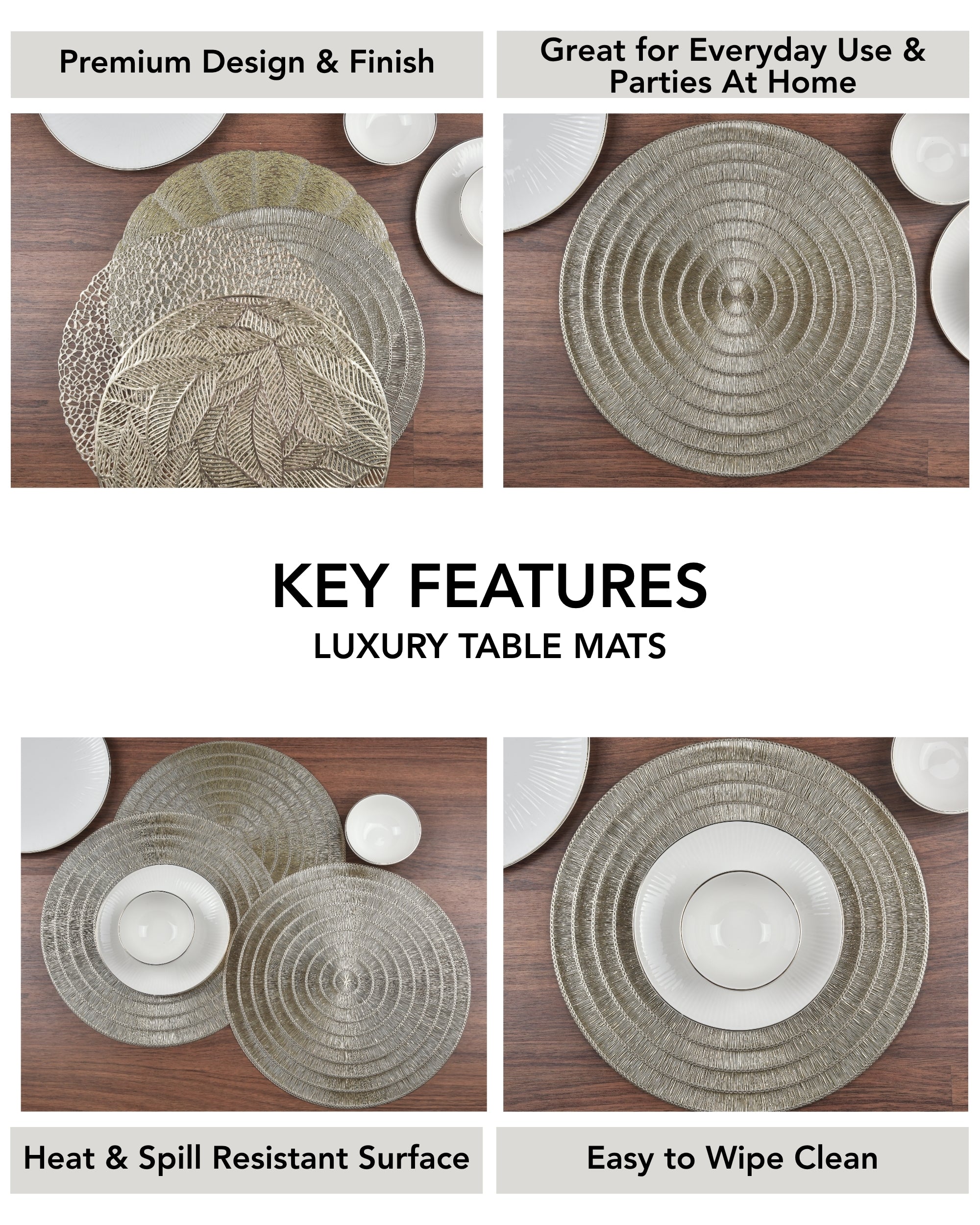 Premsons® Round Table Mat – Premium Spiral Metallic Placemat | Washable, Wipeable, Non-Slip & Heat-Resistant | Elegant Table Mat for Dining, Kitchen, Wedding & Party Décor – Champagne Gold