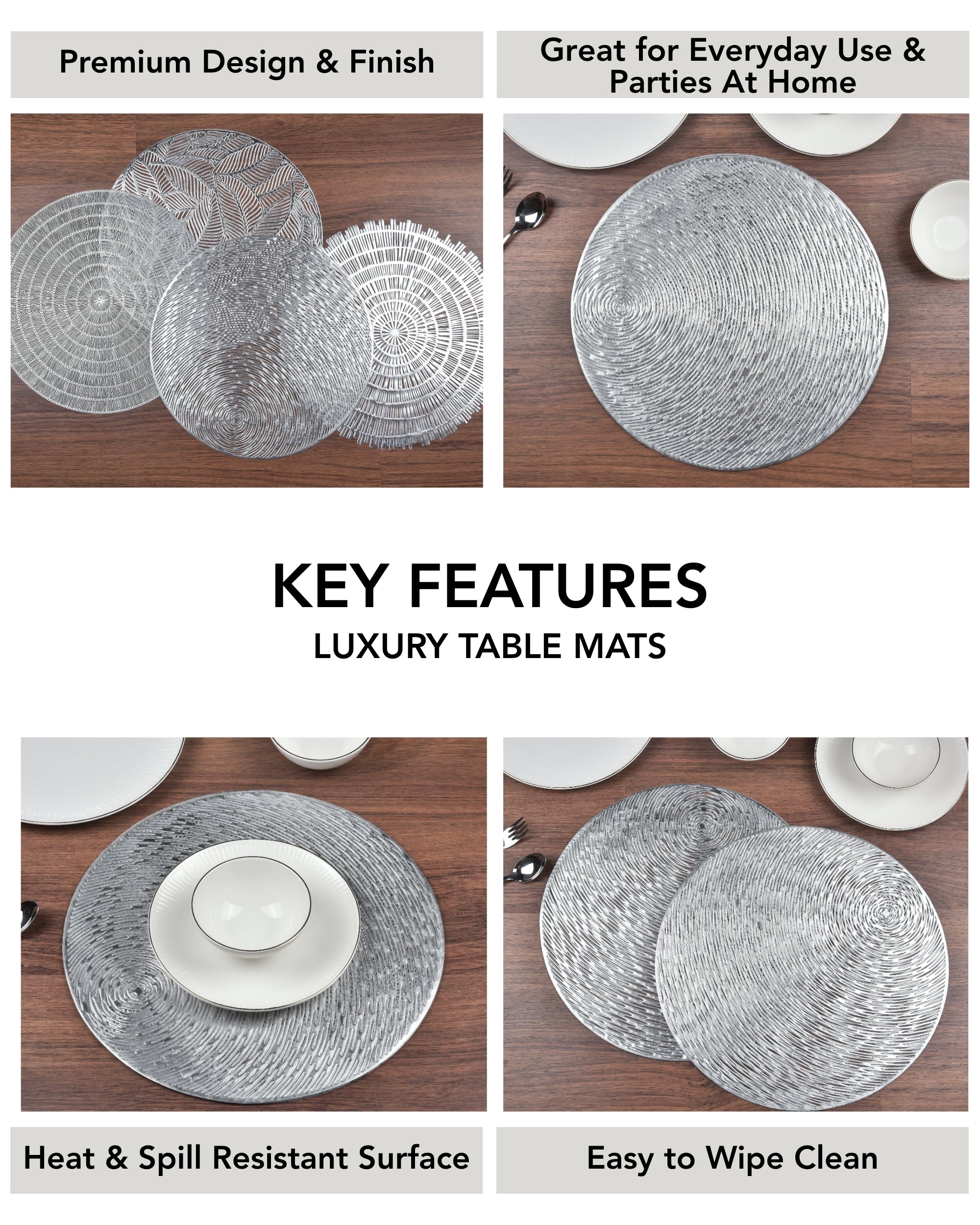 Premsons® Round Table Mat – Elegant Swirl Metallic Placemat | Washable, Wipeable, Non-Slip & Heat-Resistant | Stylish Table Mat for Dining, Kitchen, Wedding & Party Décor – Silver