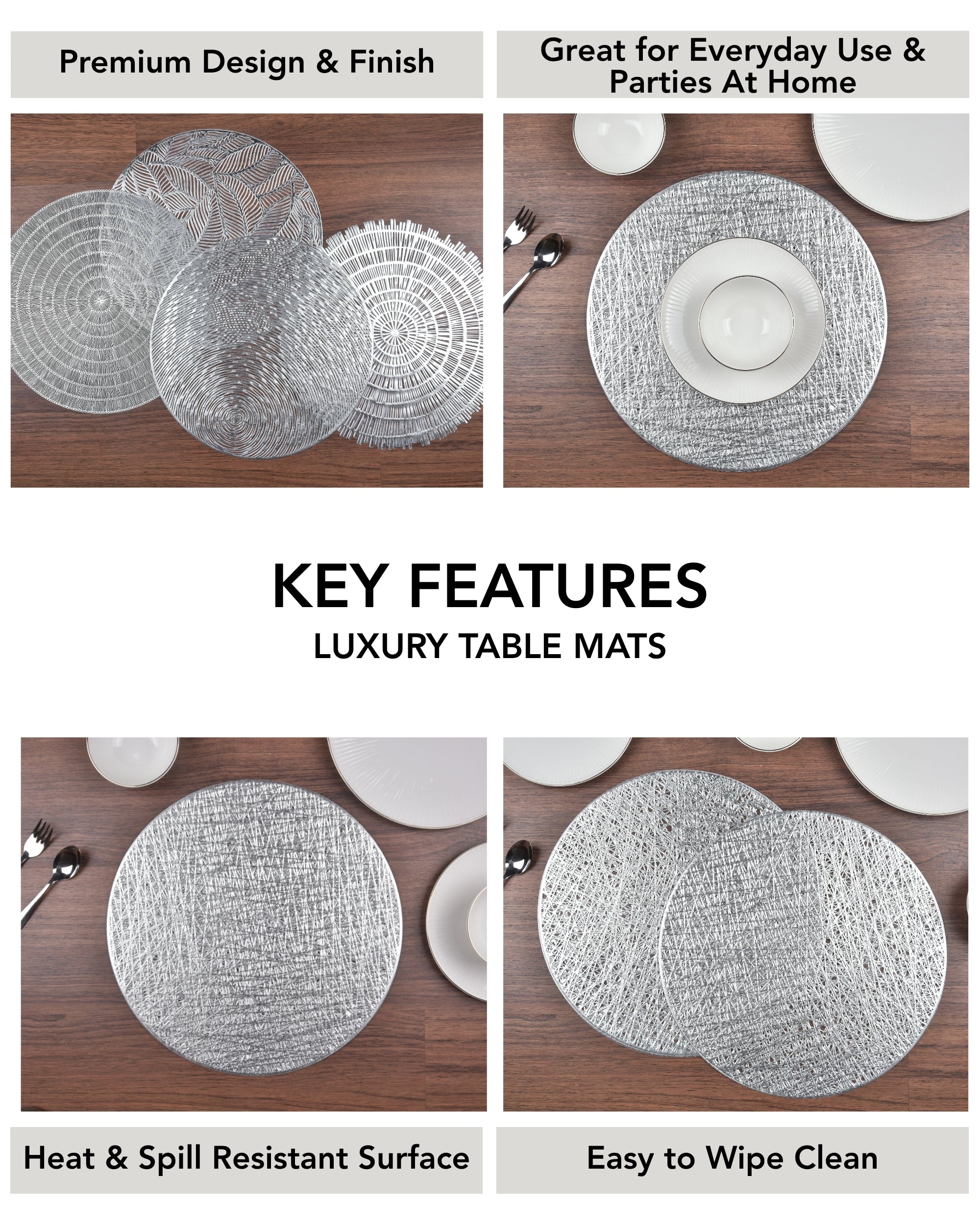 Premsons® Round Table Mat – Elegant Metallic Mesh Placemat | Washable, Wipeable, Non-Slip & Heat-Resistant | Dining Table Mat for Kitchen, Wedding & Party Décor – Silver