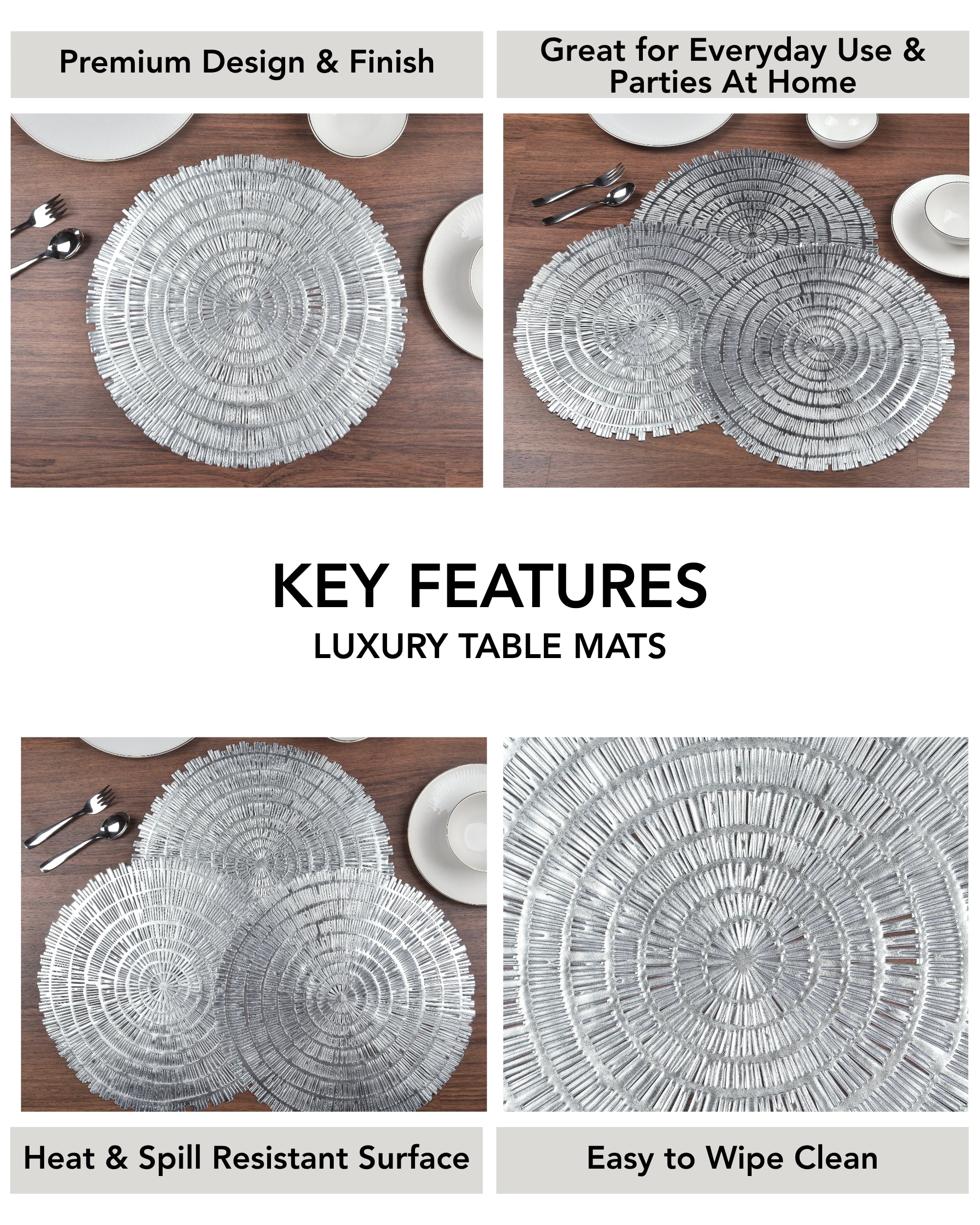 Premsons® Round Table Mat – Elegant Woven Metallic Placemat | Washable, Wipeable, Non-Slip & Heat-Resistant | Stylish Table Mat for Dining, Kitchen, Wedding & Party Décor – Silver
