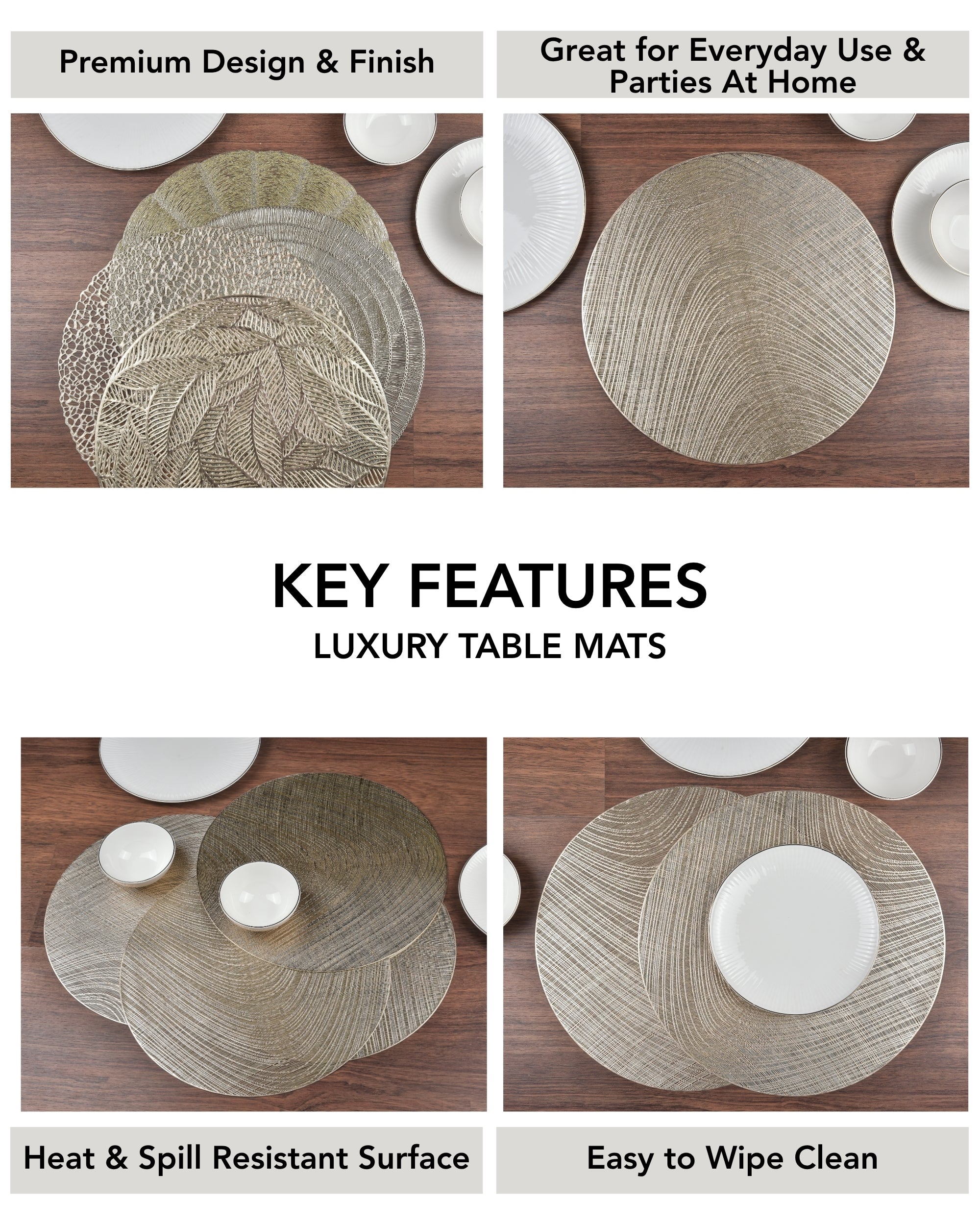 Premsons® Round Table Mat – Elegant Swirl Metallic Placemat | Washable, Wipeable, Non-Slip & Heat-Resistant | Stylish Table Mat for Dining, Kitchen, Wedding & Party Décor – Golden Beige
