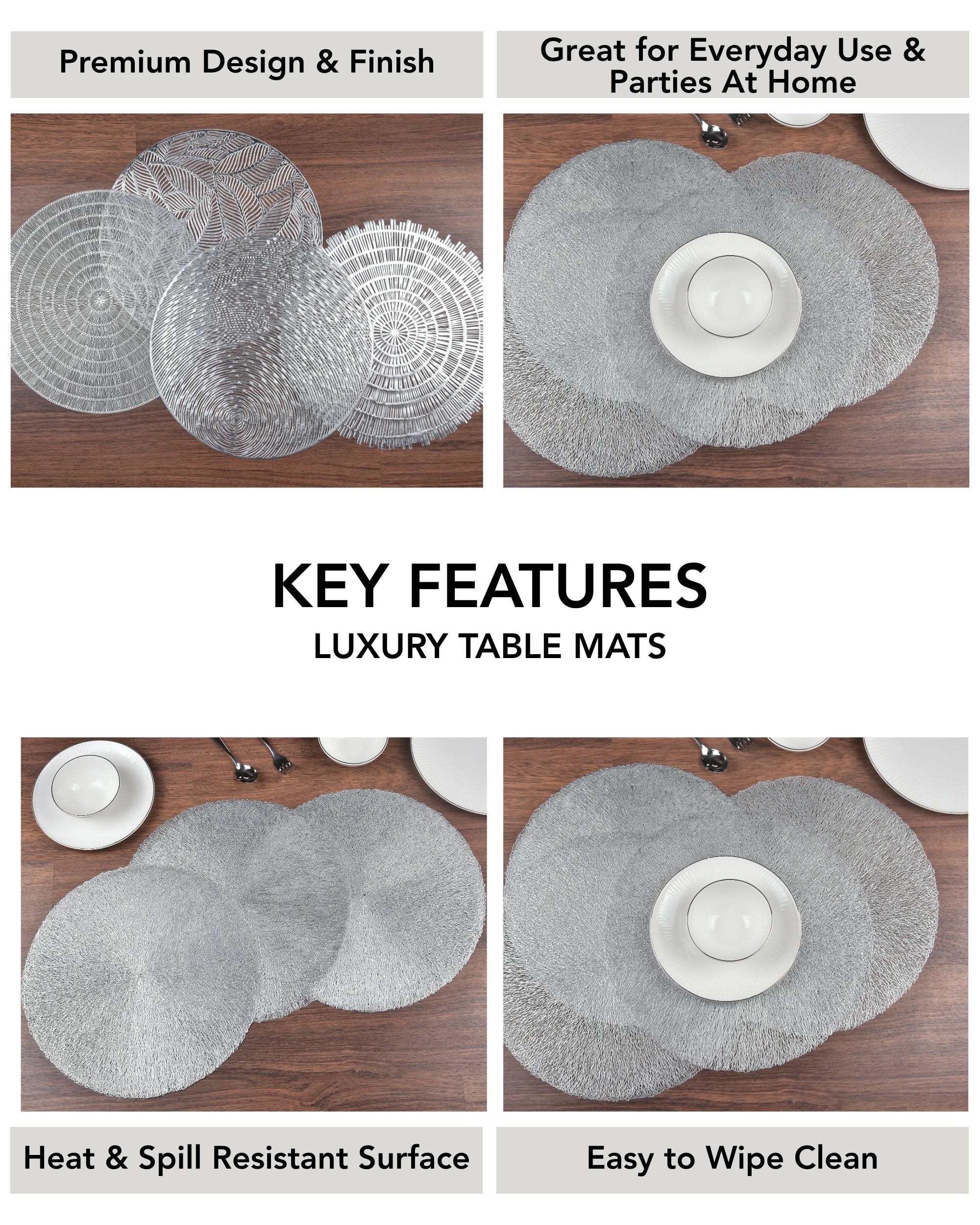 Premsons® Round Table Mat – Elegant Swirl Metallic Placemat | Washable, Wipeable, Non-Slip & Heat-Resistant | Stylish Table Mat for Dining, Kitchen, Wedding & Party Décor – Silver