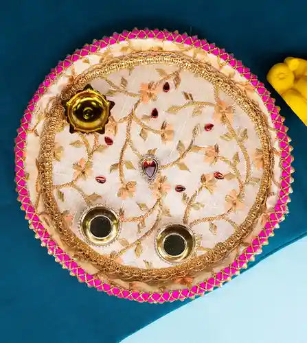 Premsons® Ivory & Gold Designwork Pooja Thali – Floral Design for Your Mandir