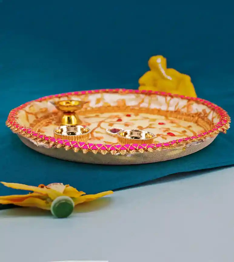 Premsons® Ivory & Gold Designwork Pooja Thali – Floral Design for Your Mandir