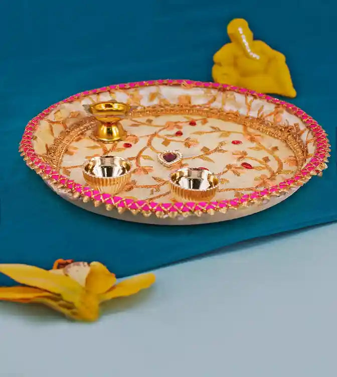 Premsons® Ivory & Gold Designwork Pooja Thali – Floral Design for Your Mandir