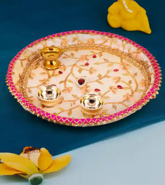 Premsons® Ivory & Gold Designwork Pooja Thali – Floral Design for Your Mandir