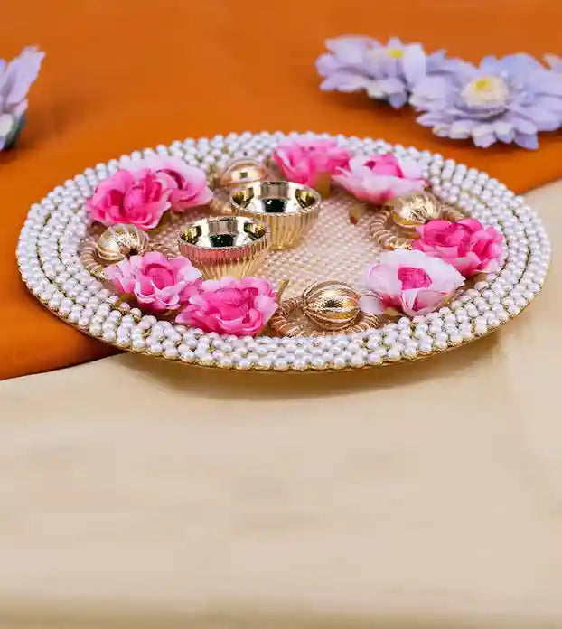 Premsons® Pink Pearl Pooja Thali – Floral Elegance for Festivals