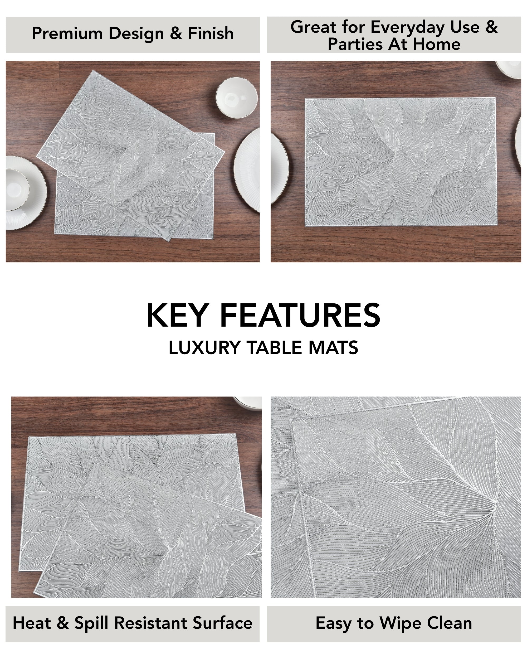 Premsons® Modern Floral Design Rectangle Metallic Placemats – Washable, Wipeable, Non-Slip & Stain-Resistant Hollow Table Mats for Dining, Kitchen, Wedding & Party Decoratio