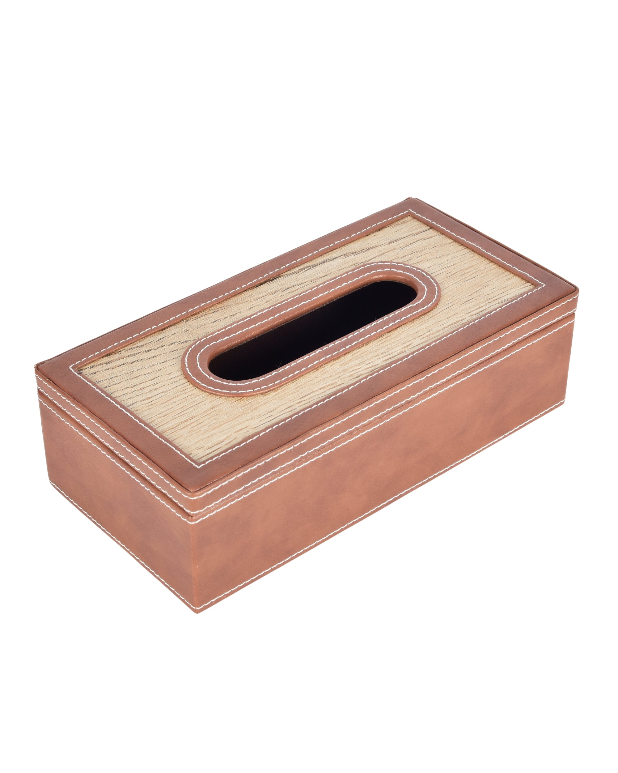Premsons® Classic Rectangular Tissue Holder – Elegant Leatherette Tissue Box with Wooden Top Finish for Home, Office & Car – Stylish, Durable & Functional Tissue Dispenser for Everyday Use(Tan)