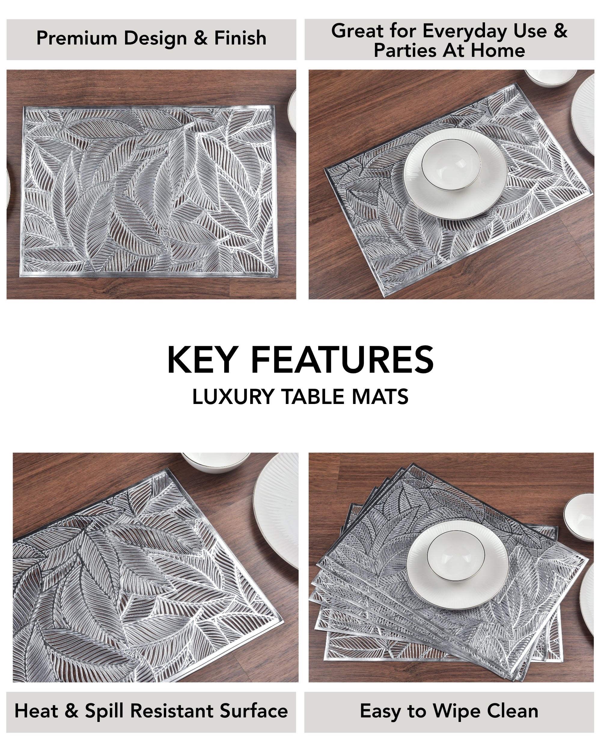 Premsons® Modern Silver Leaf Design Rectangle Metallic Placemats – Washable, Wipeable, Non-Slip & Stain-Resistant Hollow Table Mats for Dining, Kitchen, Wedding & Party Decoration