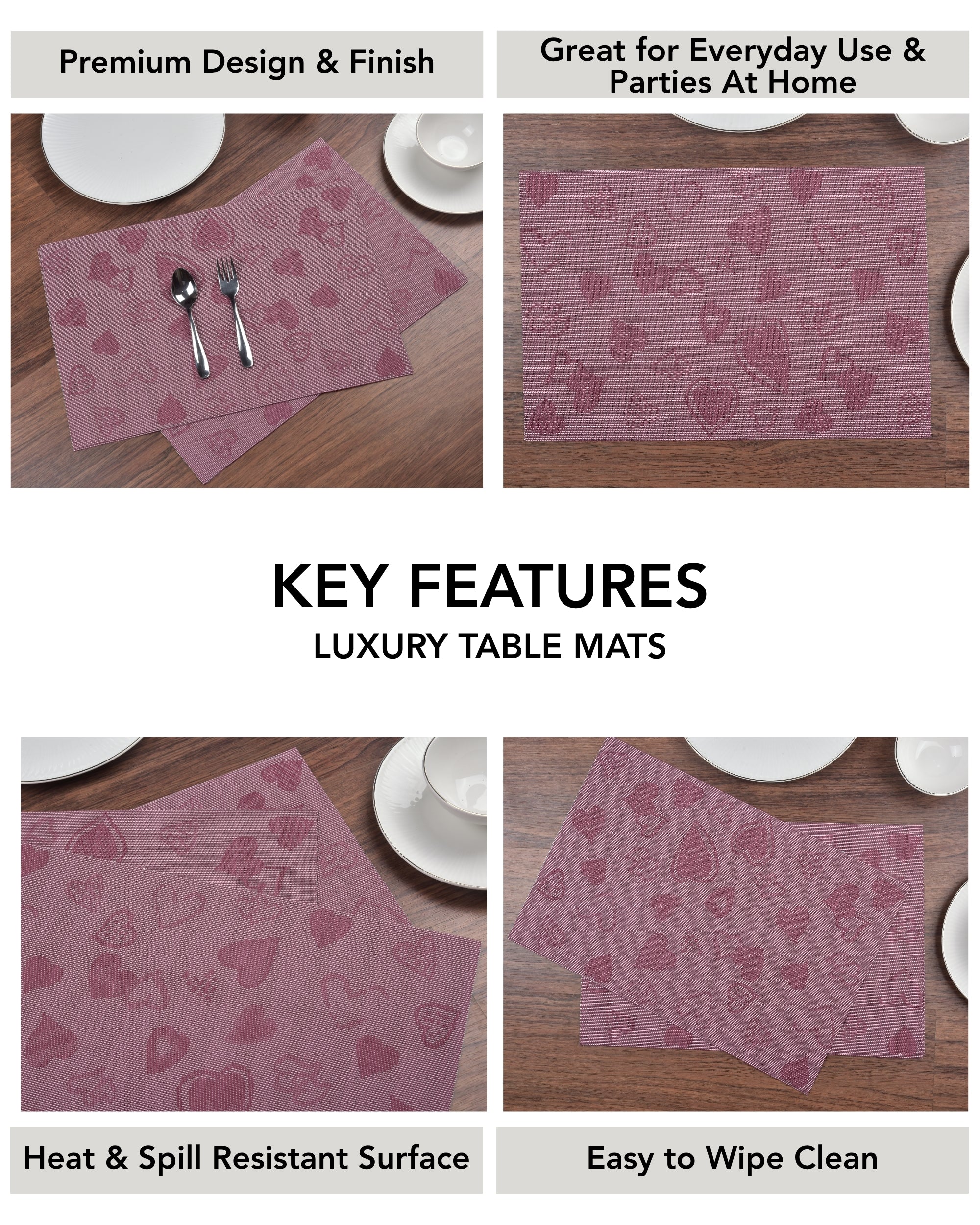 Premsons® Maroon Rectangle Metallic Placemats – Washable, Wipeable, Non-Slip & Stain-Resistant Table Mats for Dining, Kitchen, Wedding & Party Décor