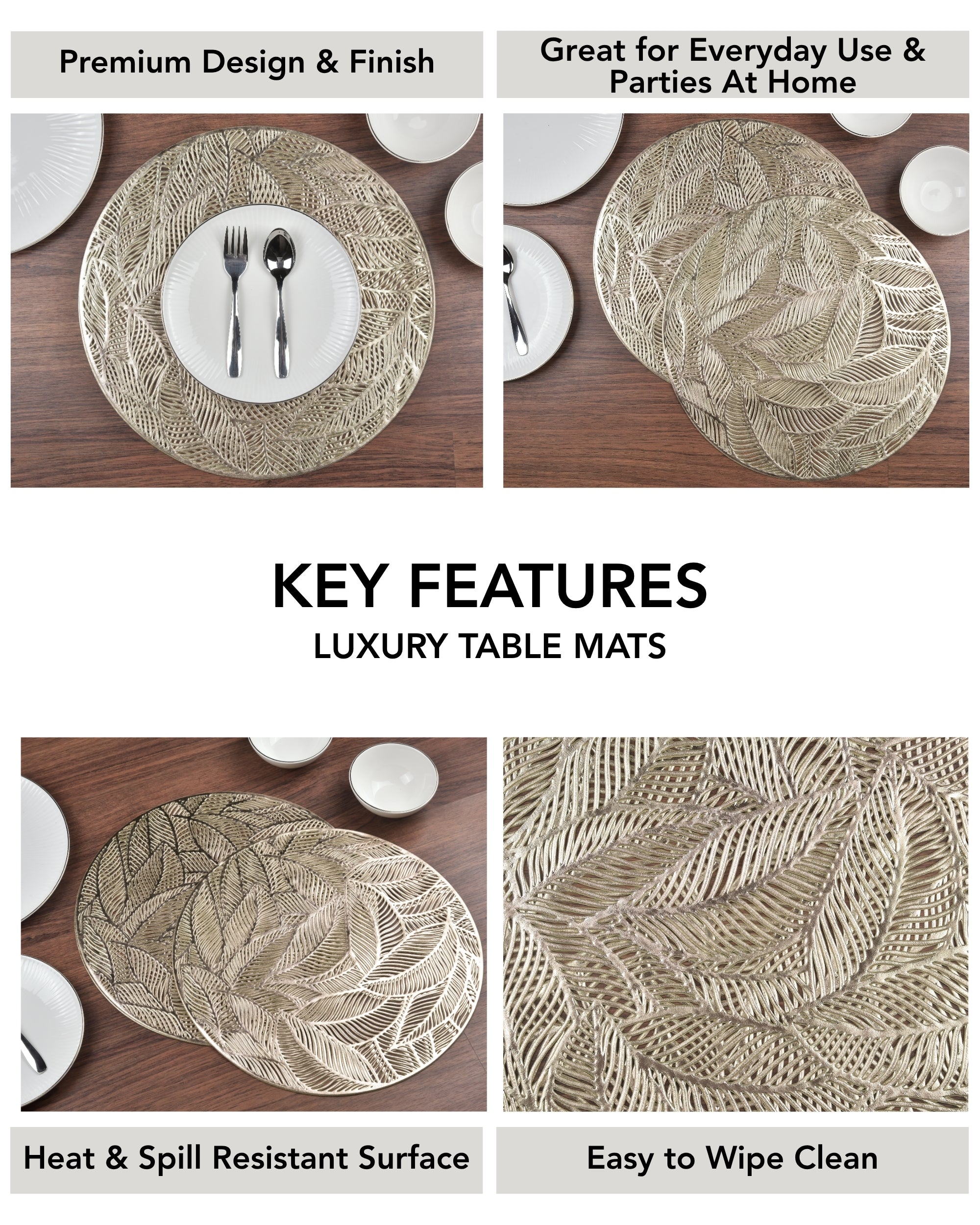 Premsons® Round Table Mat – Elegant Metallic Leaf Placemat | Washable, Wipeable, Non-Slip & Heat-Resistant | Dining Table Mat for Kitchen, Wedding & Party Décor – Gold