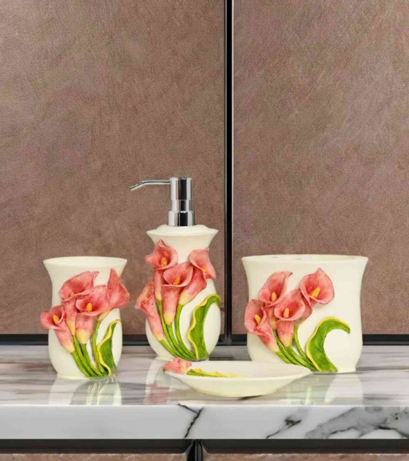 Premsons® Anthurium Fantasy Bathroom Accessories Set of 4 – Dispenser, Soap Tray, Cup & Brush Stand – Durable Polyresin Finish