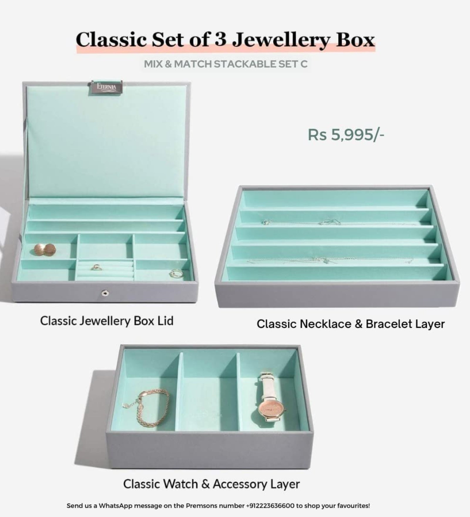 Eternia® Jewellery Box Vegan Leather Classic Leatherette Layer Women's Portable Storage Organizer - Set Of 3 - Watches & Necklaces
