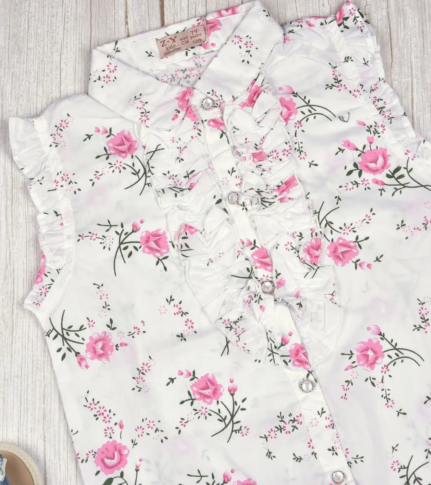 Premsons® Floral Fantasy Girls’ Sleeveless Floral Top with Tie Knot & Ruffle Detail – Casual Shirt with Pockets