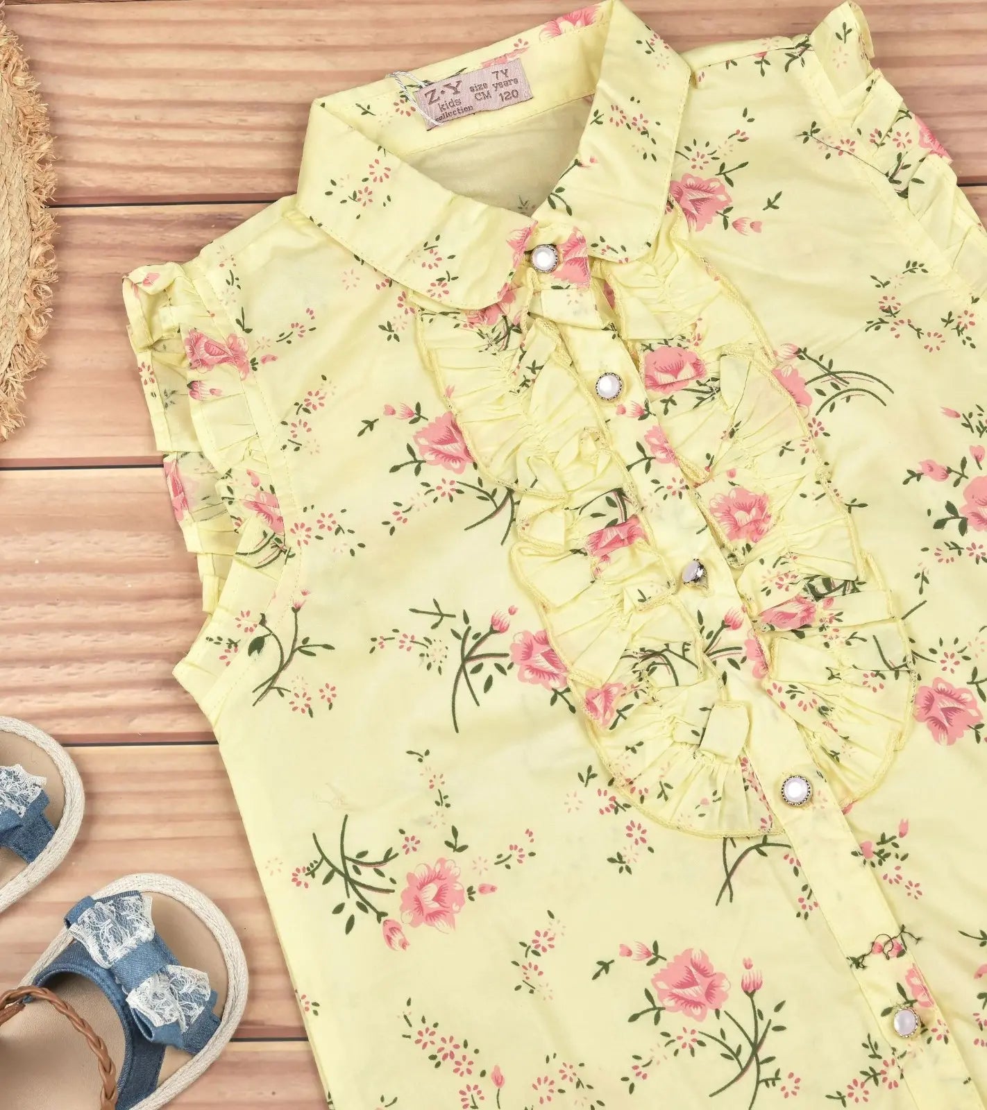 Premsons® Floral Fantasy Girls’ Sleeveless Floral Top with Tie Knot & Ruffle Detail – Casual Shirt with Pockets