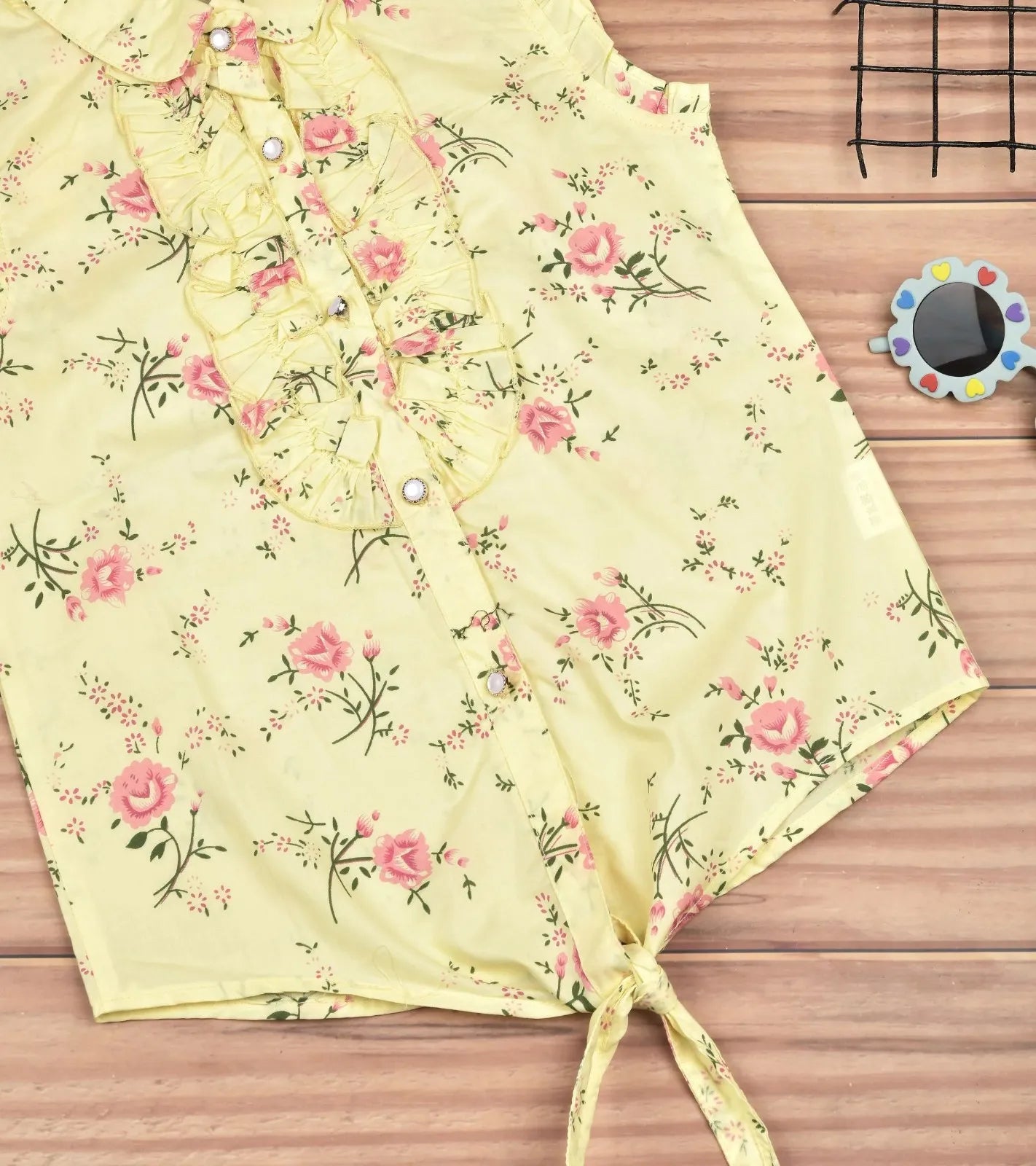 Premsons® Floral Fantasy Girls’ Sleeveless Floral Top with Tie Knot & Ruffle Detail – Casual Shirt with Pockets