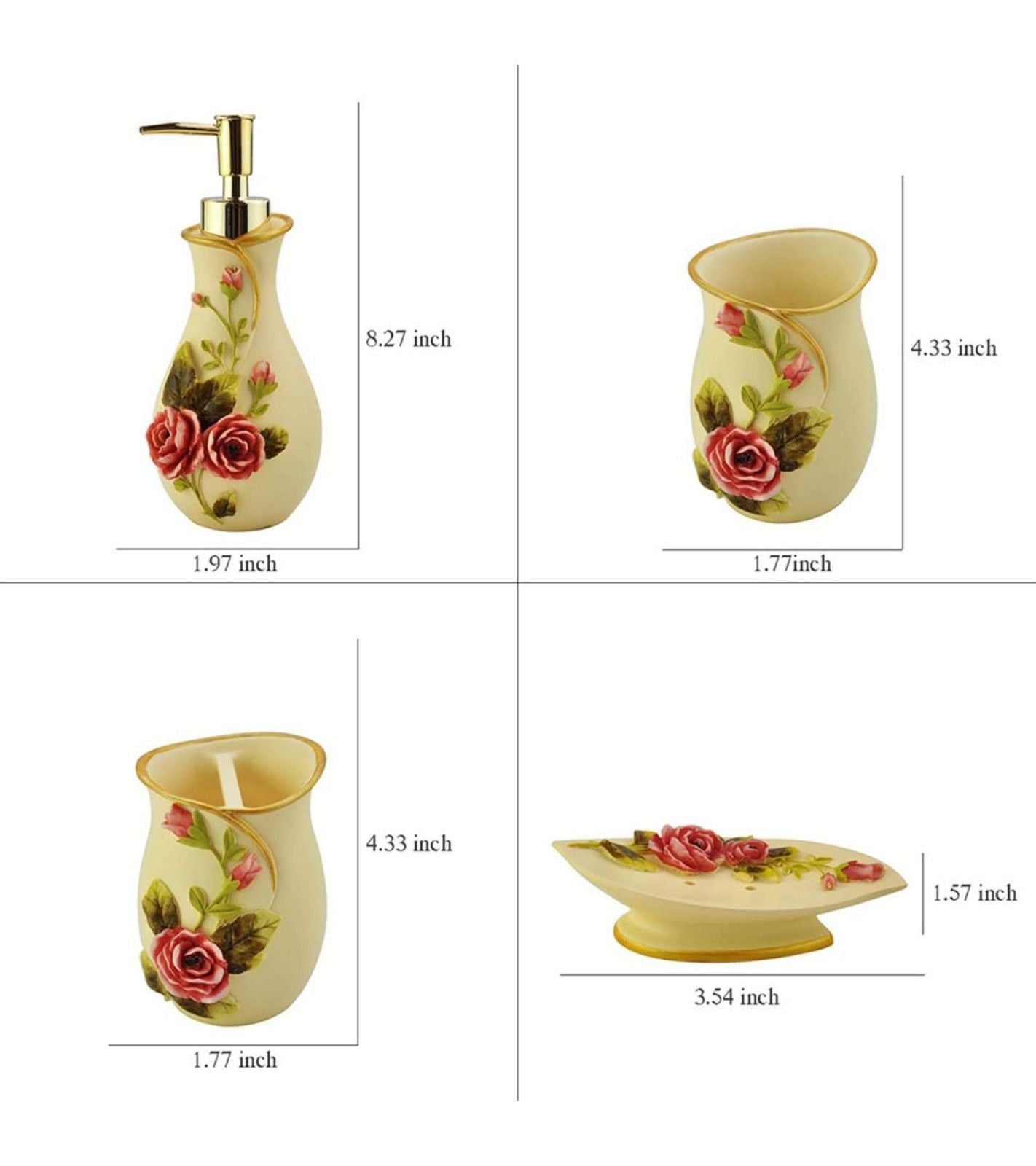 Premsons® Roses Bathroom Accessories Set of 4 – Dispenser, Soap Tray, Cup & Brush Stand – Durable Polyresin Finish