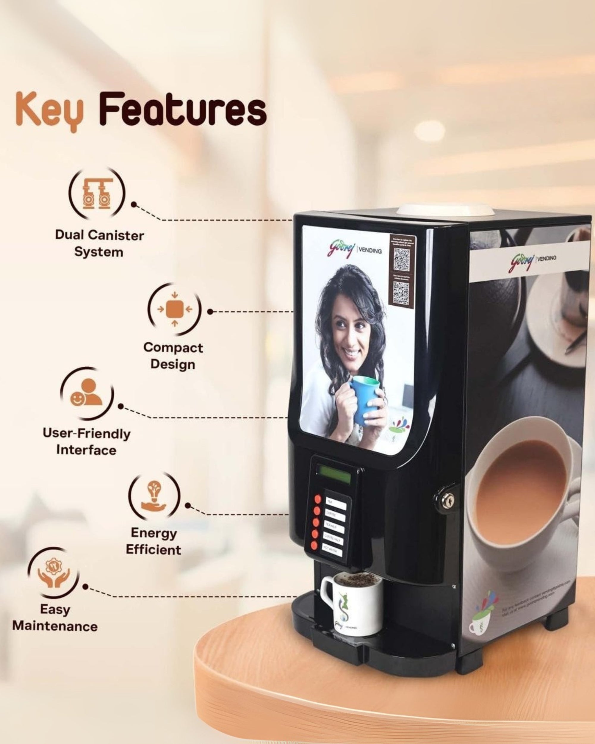 GODREJ VENDING Ecostar Coffee Vending Machine – 2 Canister Automatic Hot Beverage Dispenser for Office, Shop, Commercial & Home Use | Tabletop Machine (Black)