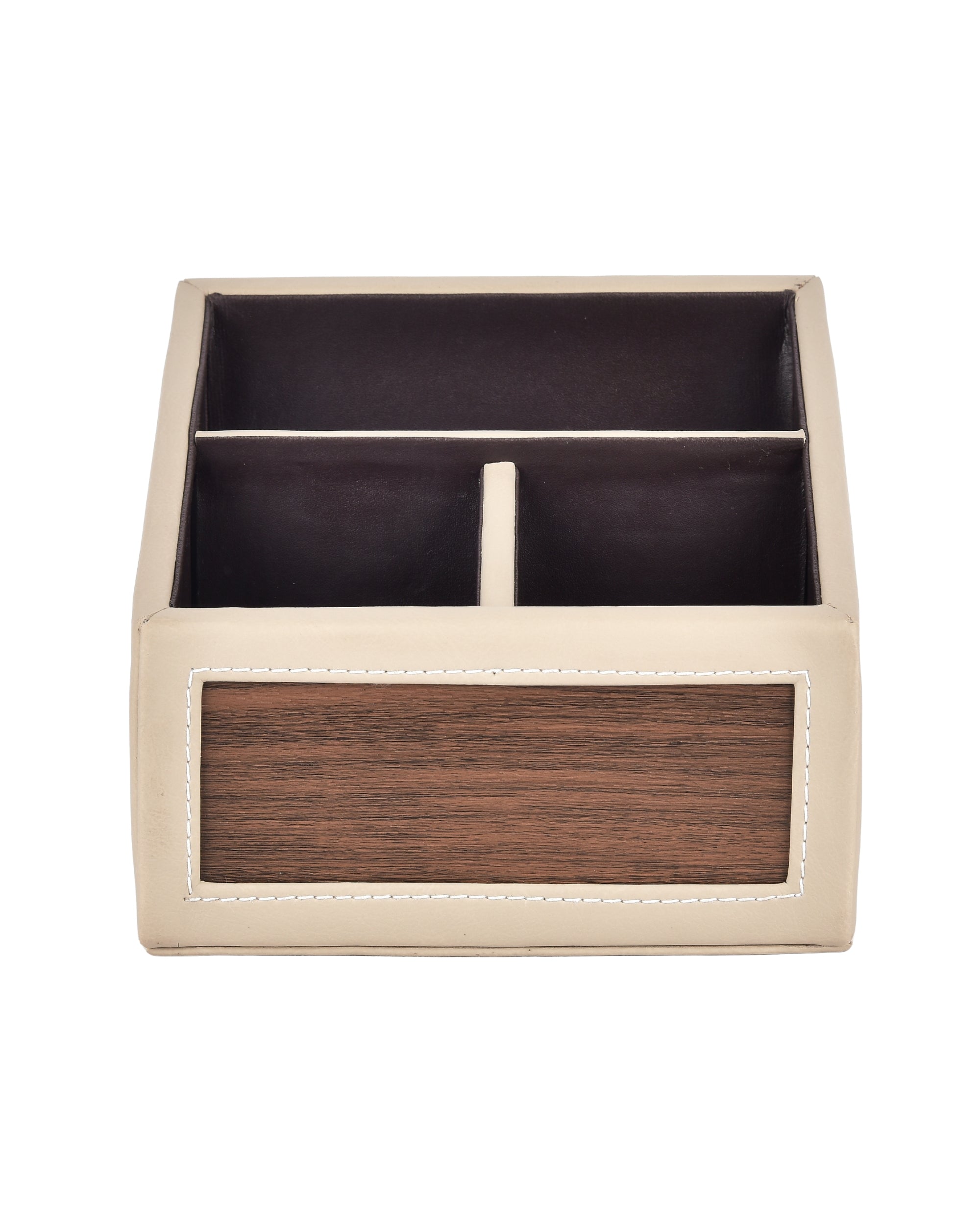 Premsons® Remote Holder Artificial Leather with Wooden Finish – 3 Section Tabletop Organizer for TV, AC & Office Desk Accessories – Compact & Stylish Storage Solution for Home & Office