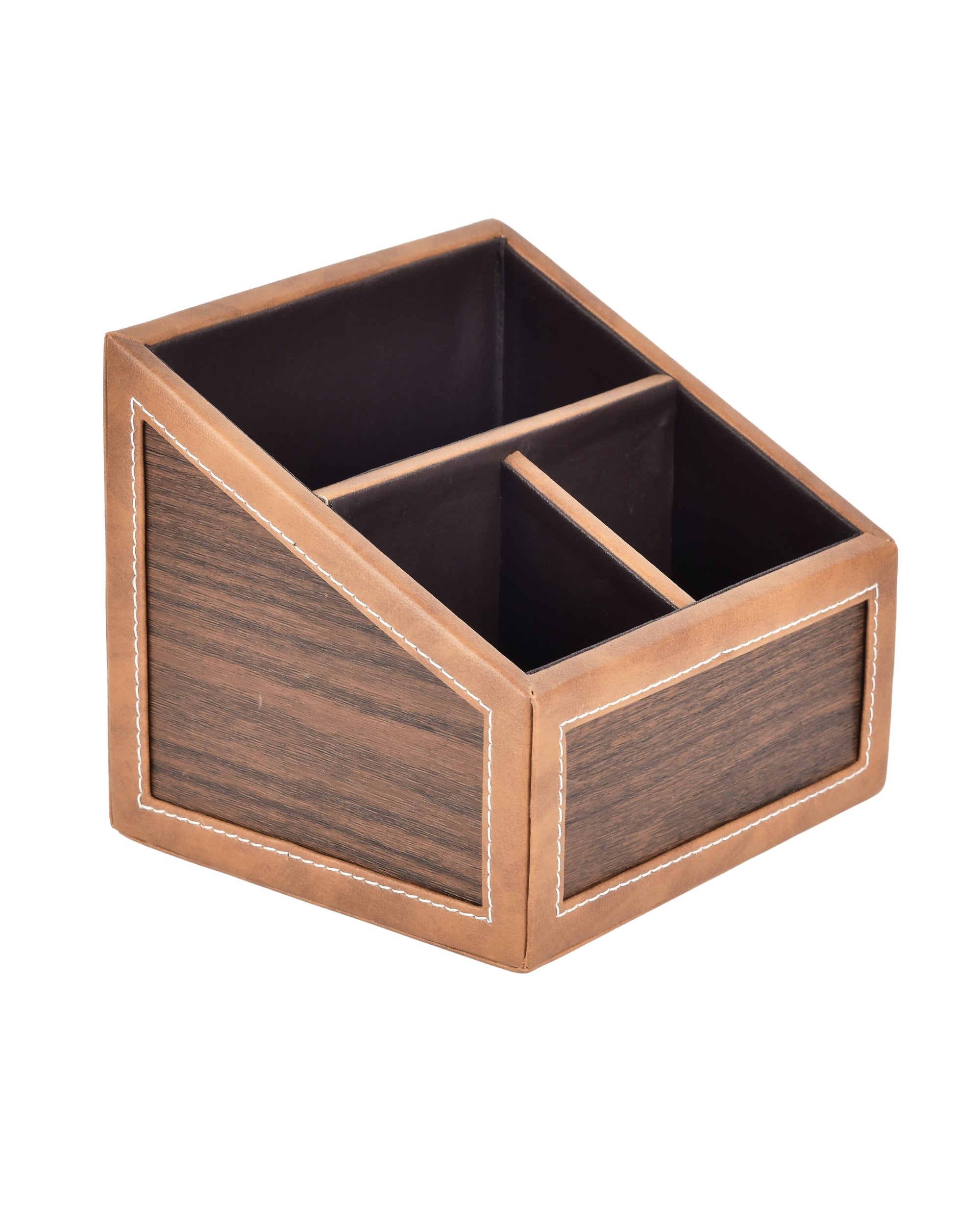 Premsons® Remote Holder – 3 Section Tabletop Organizer in Light Brown | Faux Leather with Refined Wooden Finish | Decorative & Practical Organizer