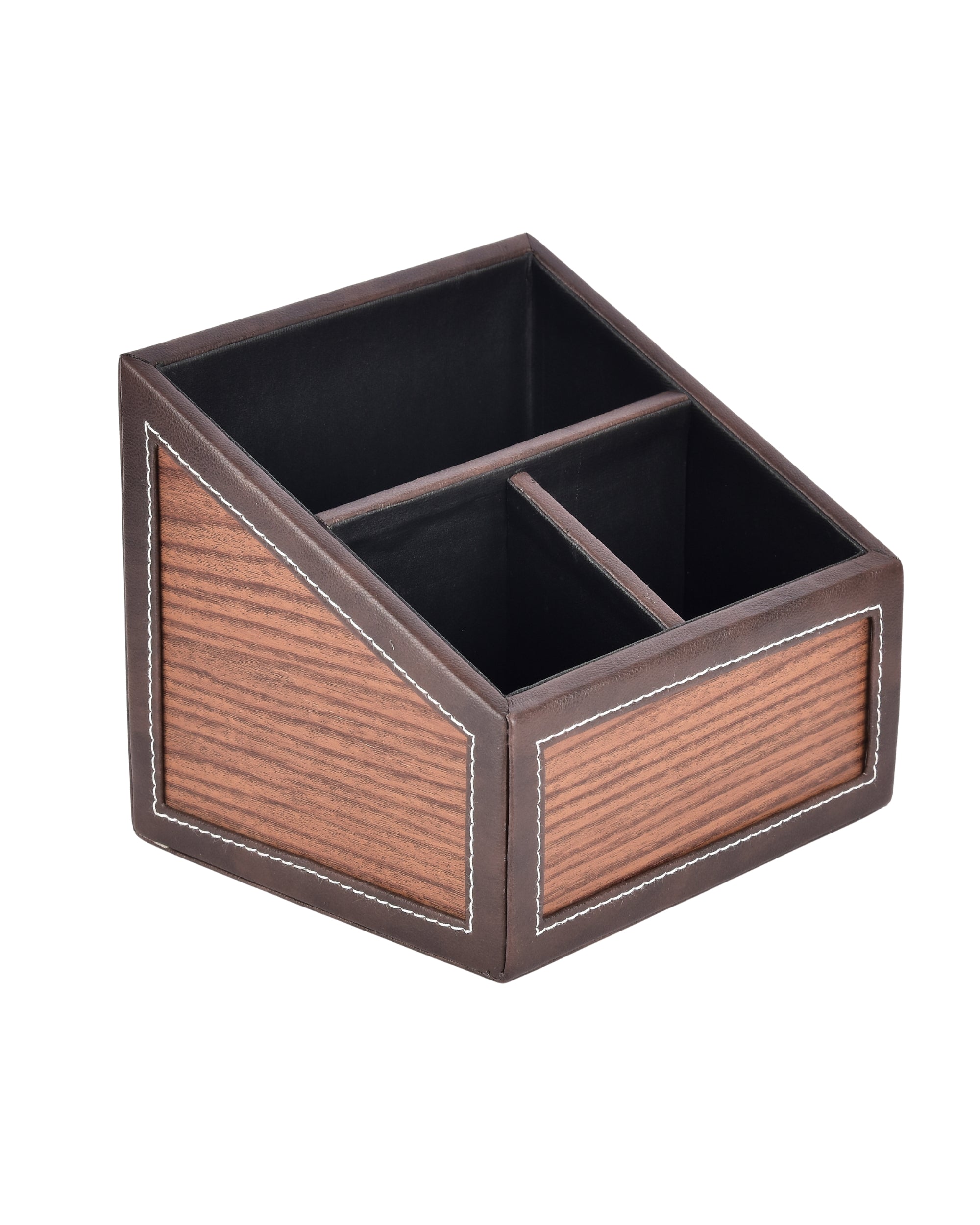 Premsons® Remote Holder Artificial Leather with Wooden Finish – 3 Section Tabletop Organizer for TV, AC & Office Desk Accessories – Compact & Stylish Storage Solution for Home & Office
