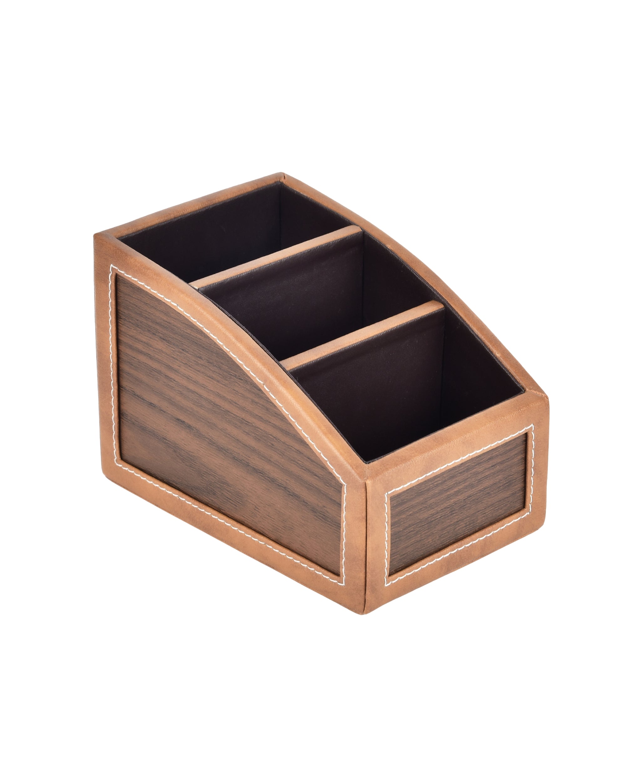 Premsons® Classic Remote Holder – 3 Section Tabletop Organizer in Light Brown | Faux Leather with Refined Wooden Finish | Decorative & Practical Organizer