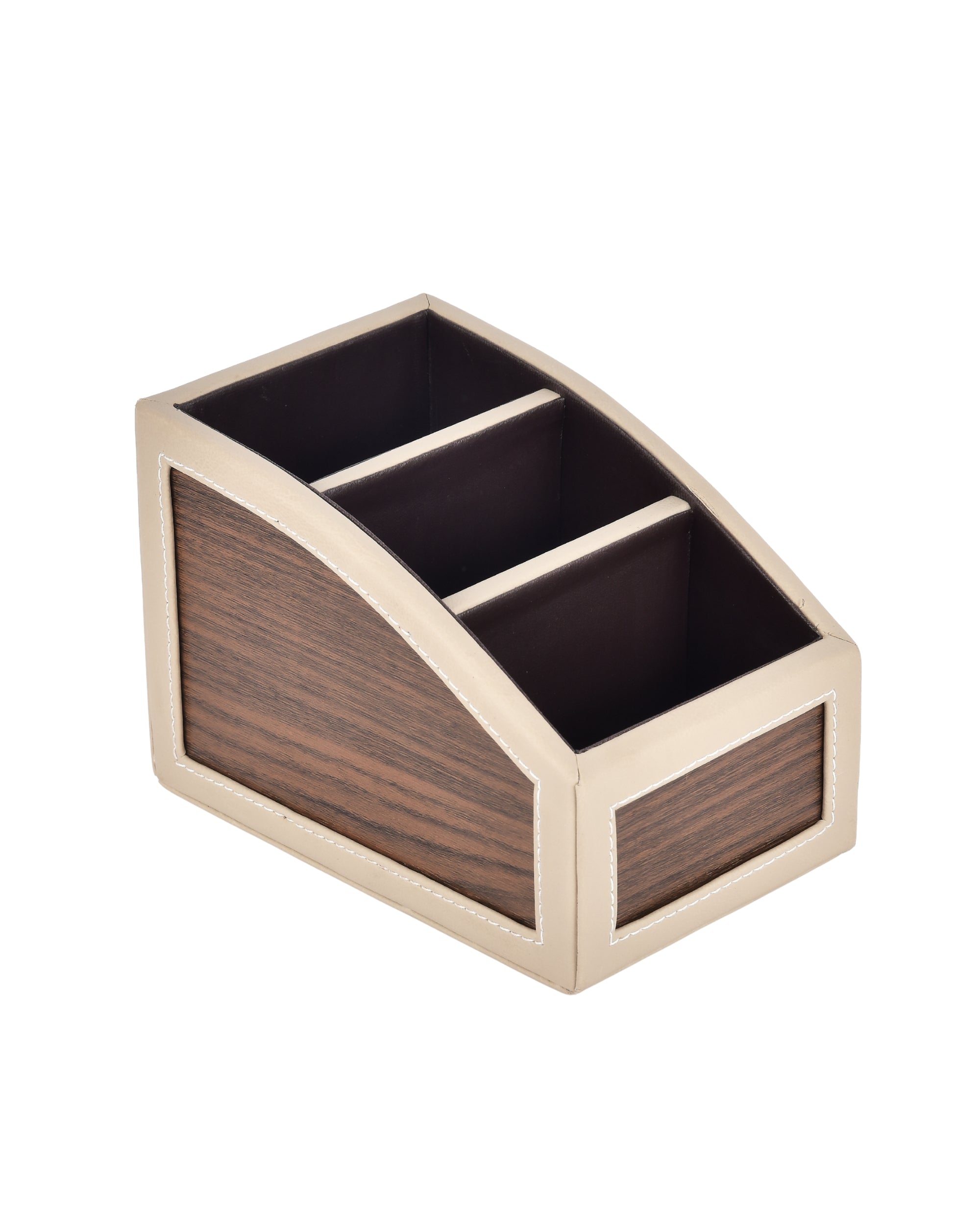 Premsons® Classic Remote Holder – 3 Section Tabletop Organizer in Light Brown | Faux Leather with Refined Wooden Finish | Decorative & Practical Organizer