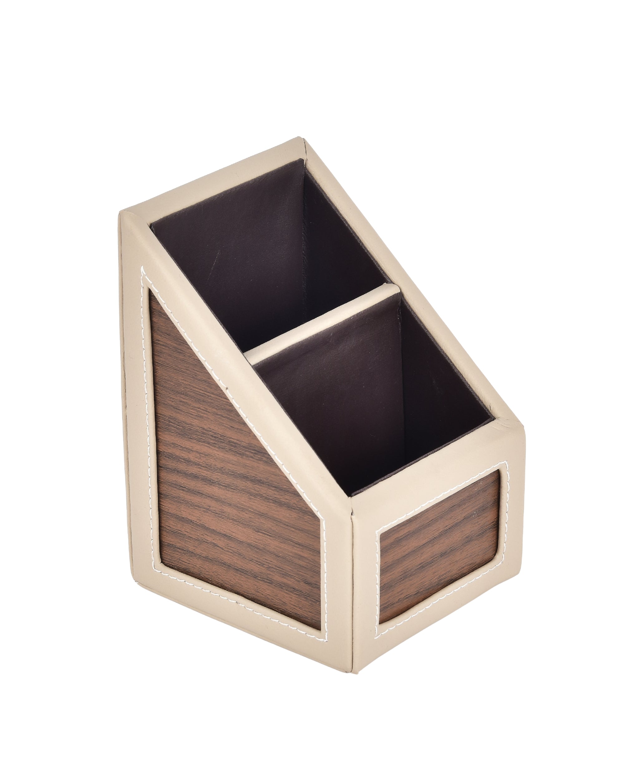 Premsons® Classic Remote Holder – 2 Section Tabletop Organizer in Light Brown | Faux Leather with Refined Wooden Finish | Decorative & Practical Organizer