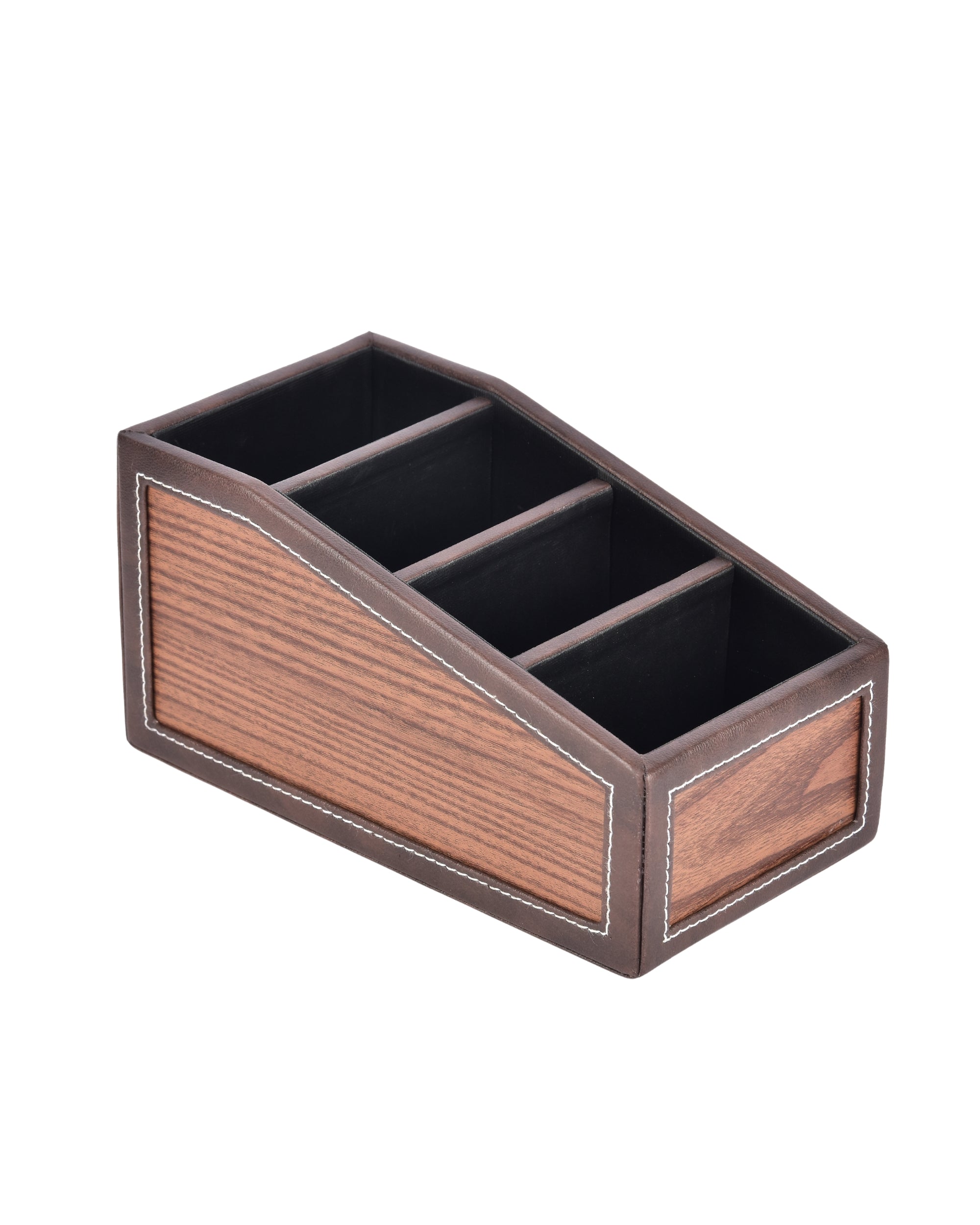 Premsons® Classic Remote Holder – 4 Section Tabletop Organizer in Light Brown | Faux Leather with Refined Wooden Finish | Decorative & Practical Organizer