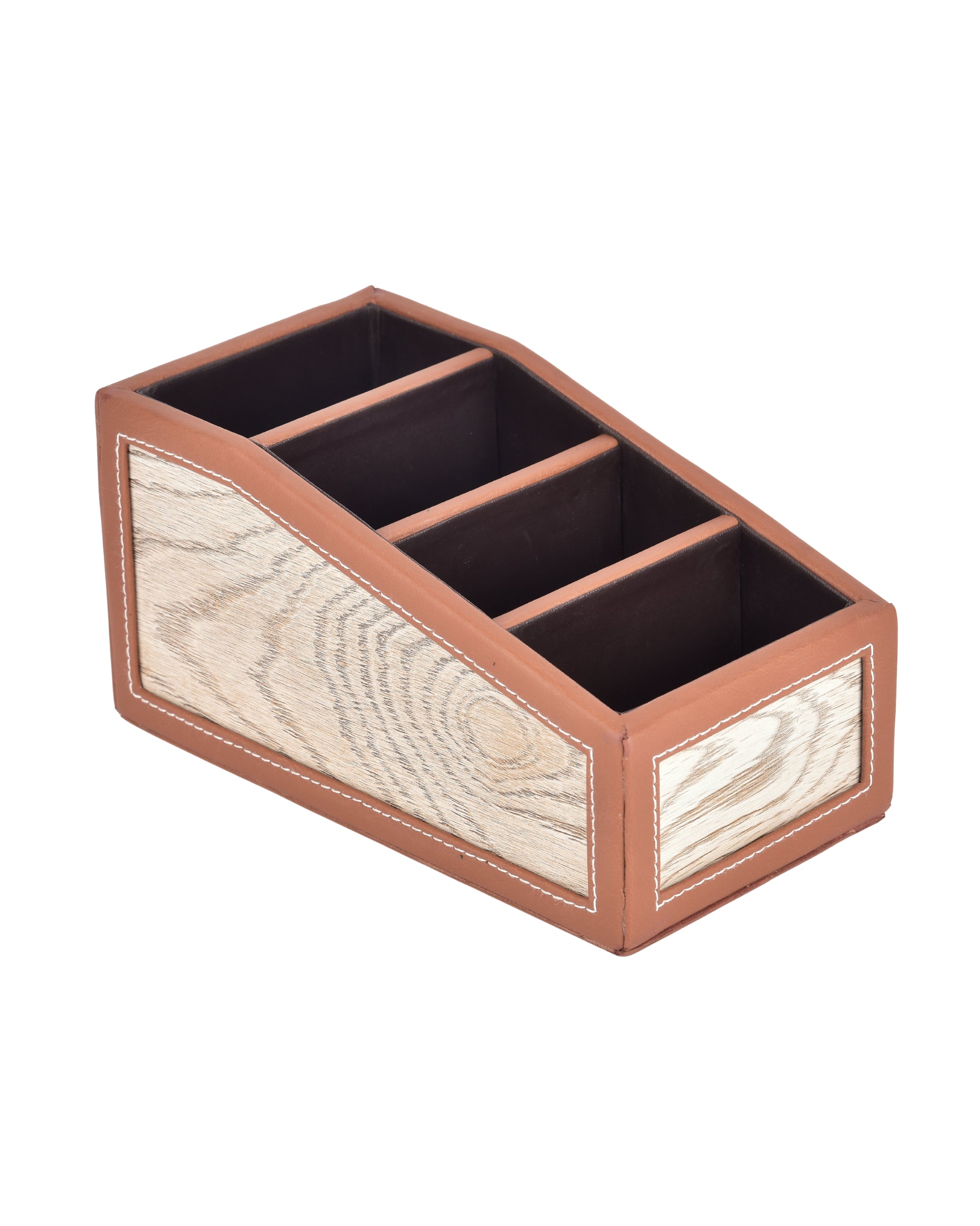 Premsons® Classic Remote Holder – 4 Section Tabletop Organizer in Light Brown | Faux Leather with Refined Wooden Finish | Decorative & Practical Organizer