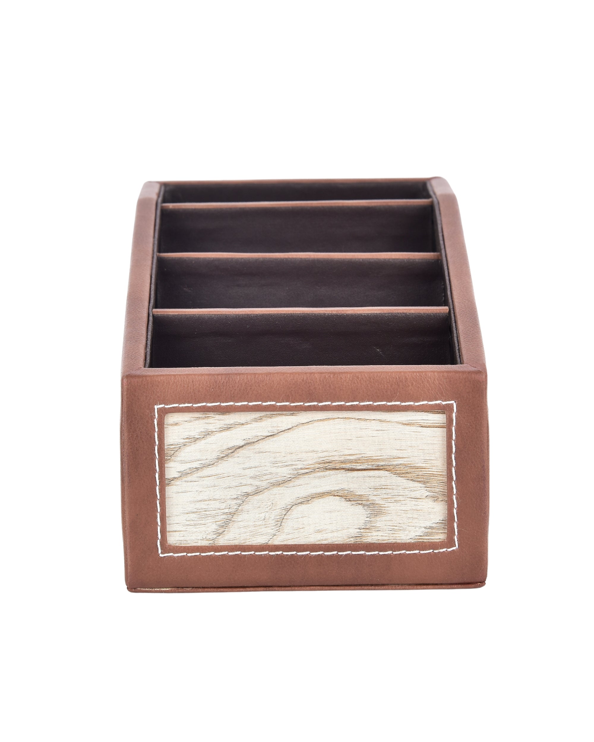 Premsons® Classic Remote Holder – 4 Section Tabletop Organizer in Light Brown | Faux Leather with Refined Wooden Finish | Decorative & Practical Organizer