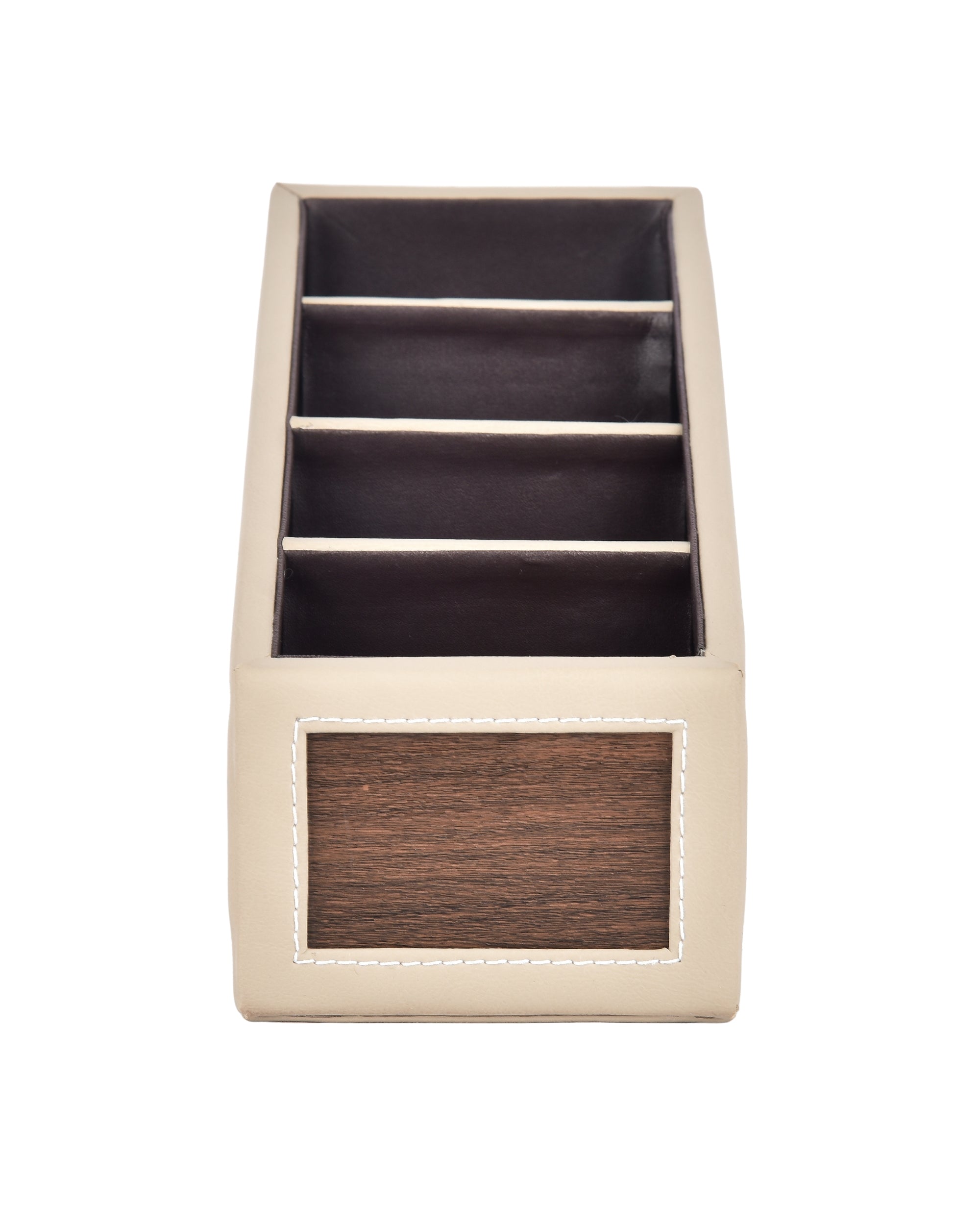 Premsons® Remote Holder Artificial Leather with Wooden Finish – 4 Section Tabletop Organizer for TV, AC & Office Desk Accessories – Compact & Stylish Storage Solution for Home & Office