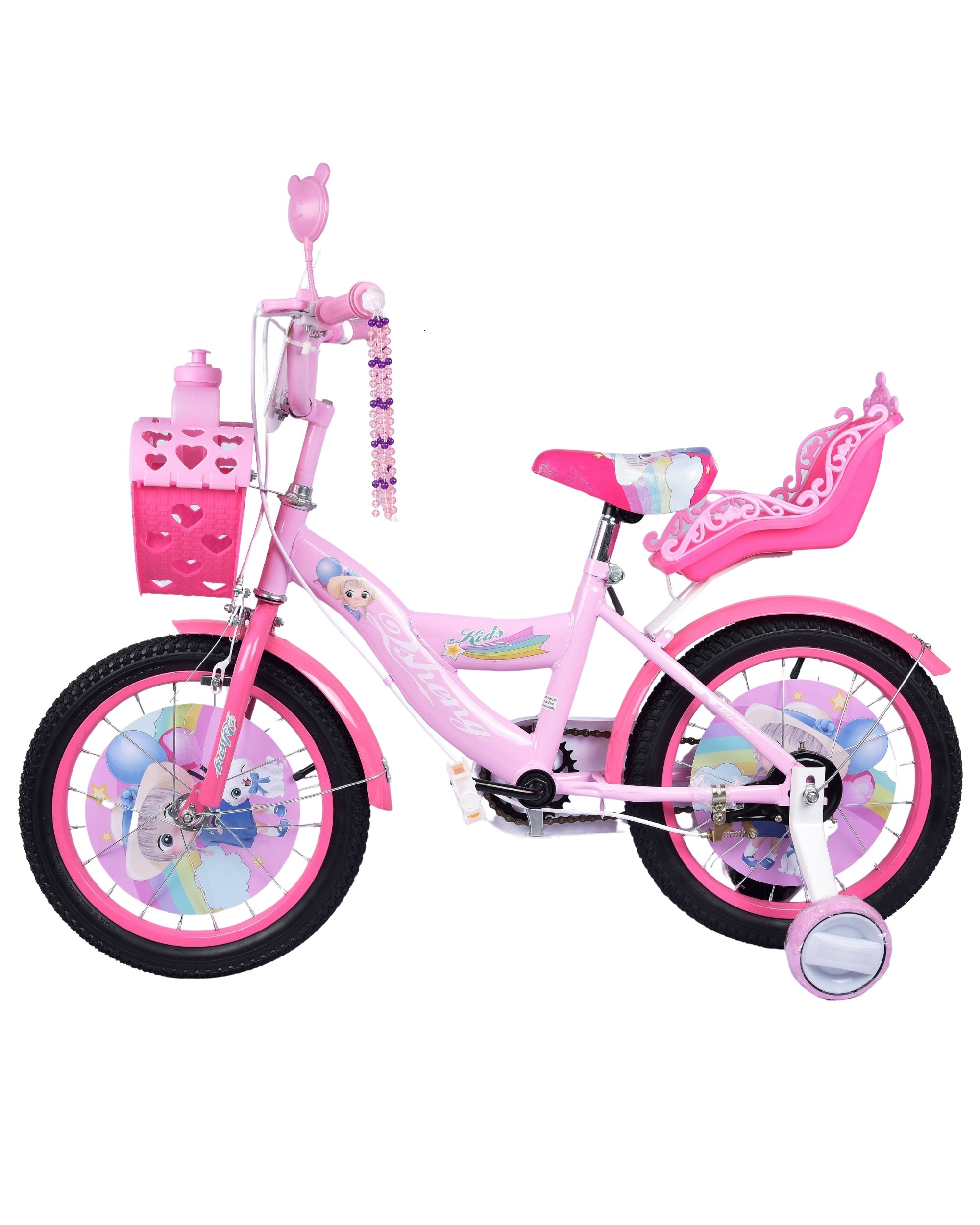 Premsons® Pink Kids Bicycle with Training Wheels – Girls’ Bike with Heart-Shaped Basket, Rear Doll Seat & Colorful Handlebar Streamers