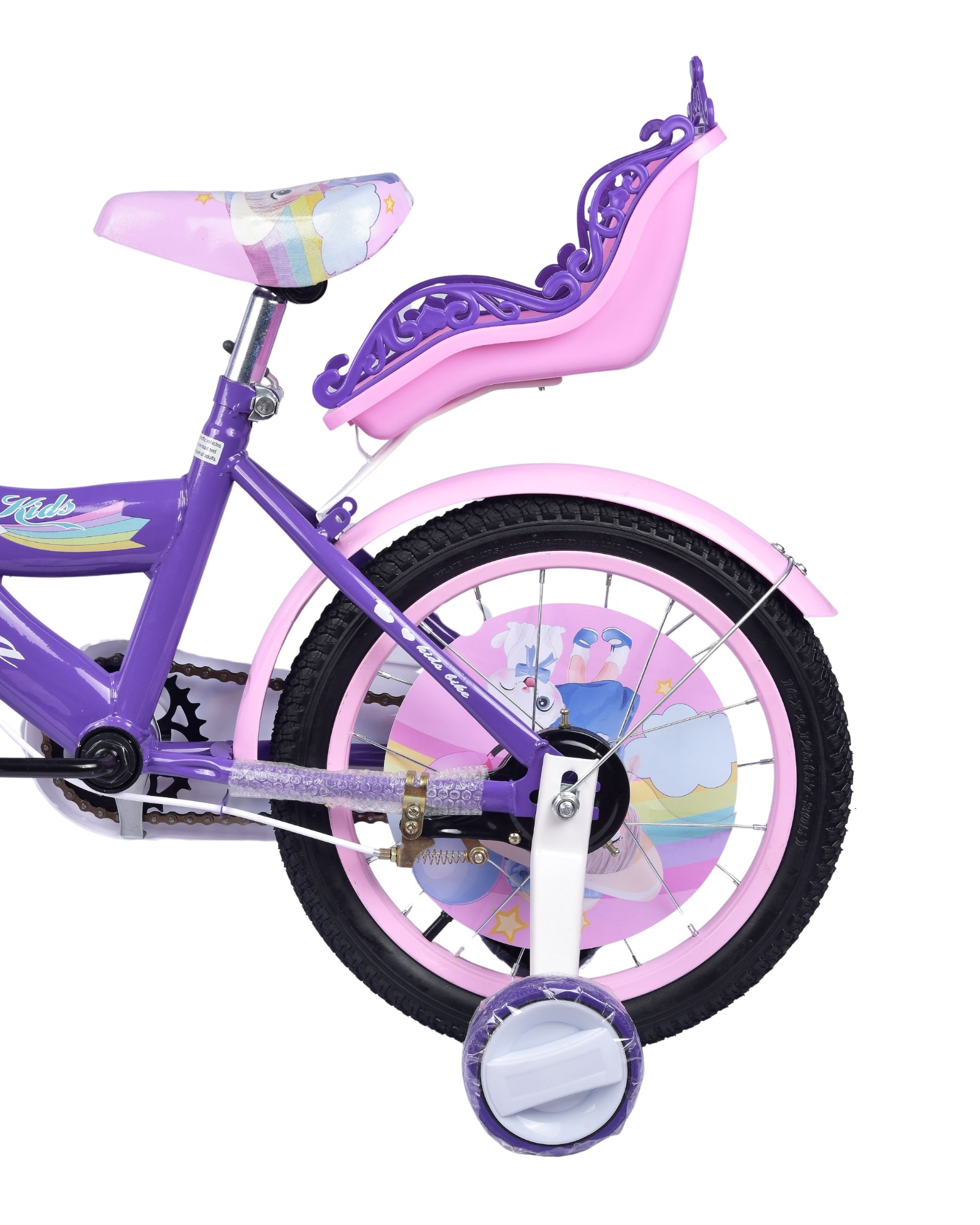 Premsons® Lavender Kids Bicycle with Training Wheels – Girls’ Bike with Heart-Shaped Basket, Rear Doll Seat & Colorful Handlebar Streamers