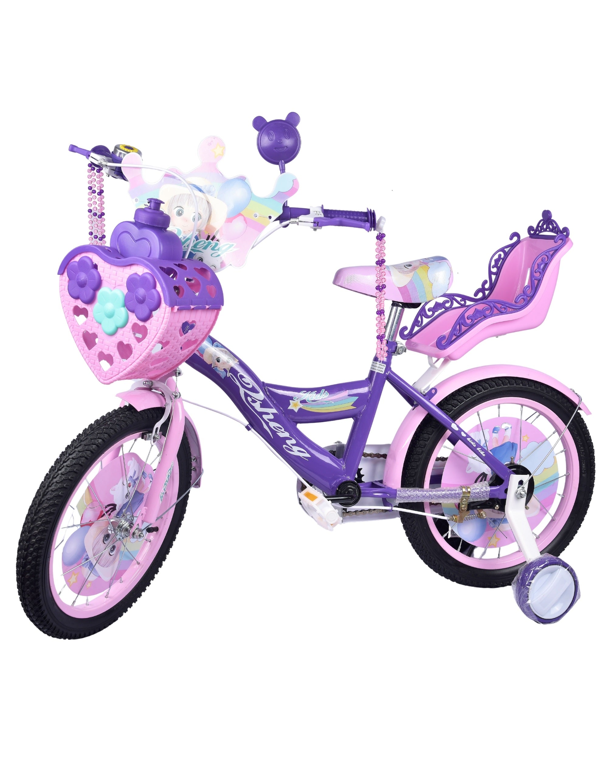 Premsons® Lavender Kids Bicycle with Training Wheels – Girls’ Bike with Heart-Shaped Basket, Rear Doll Seat & Colorful Handlebar Streamers