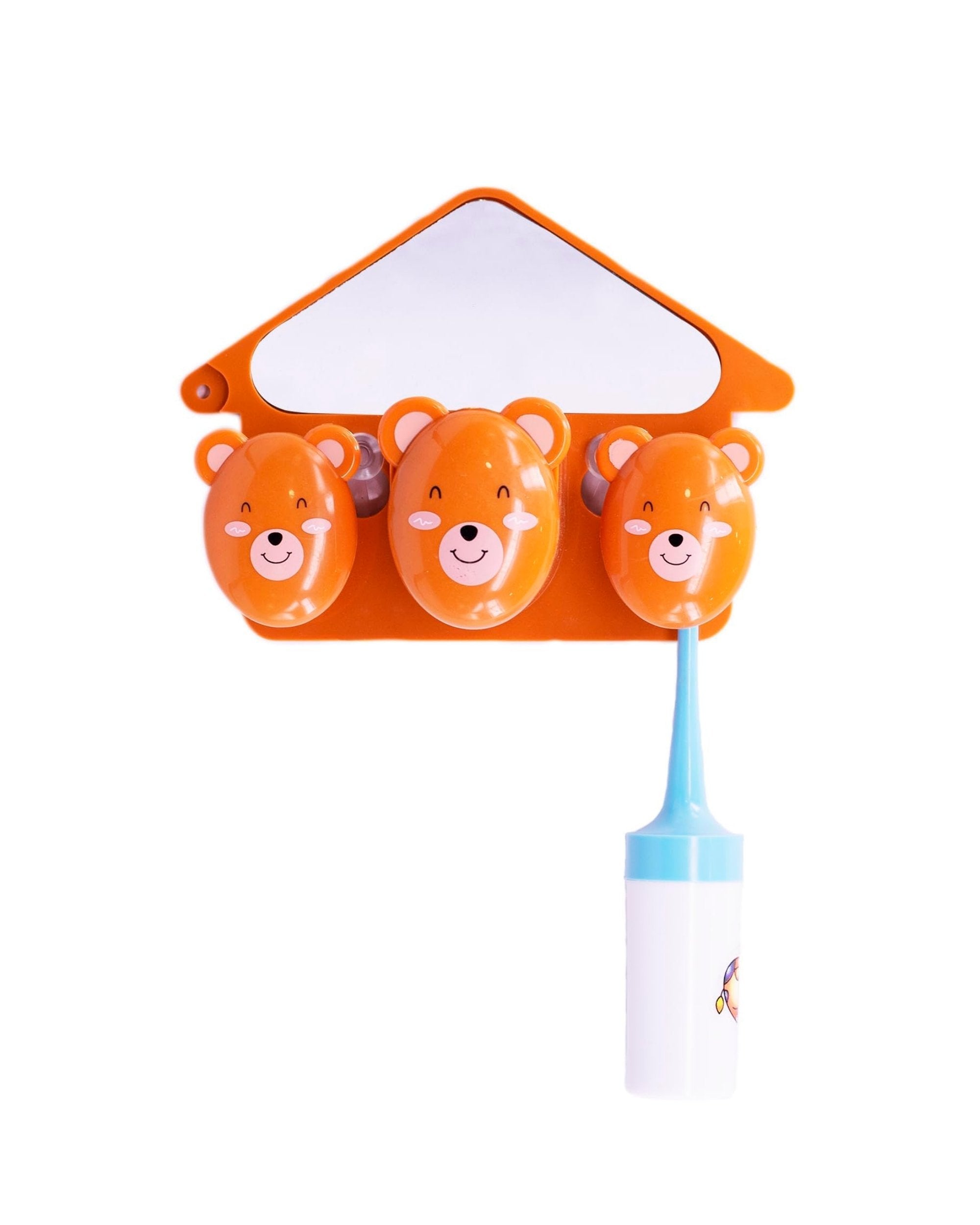 Premsons® Plastic Toothbrush & Toothpaste Holder for Kids - Cartoon Monkey Bathroom Toiletries Case with Mirror - Wall Mounted Tooth Brush & Paste Dispenser for Children - 3 Slot Storage Organizer