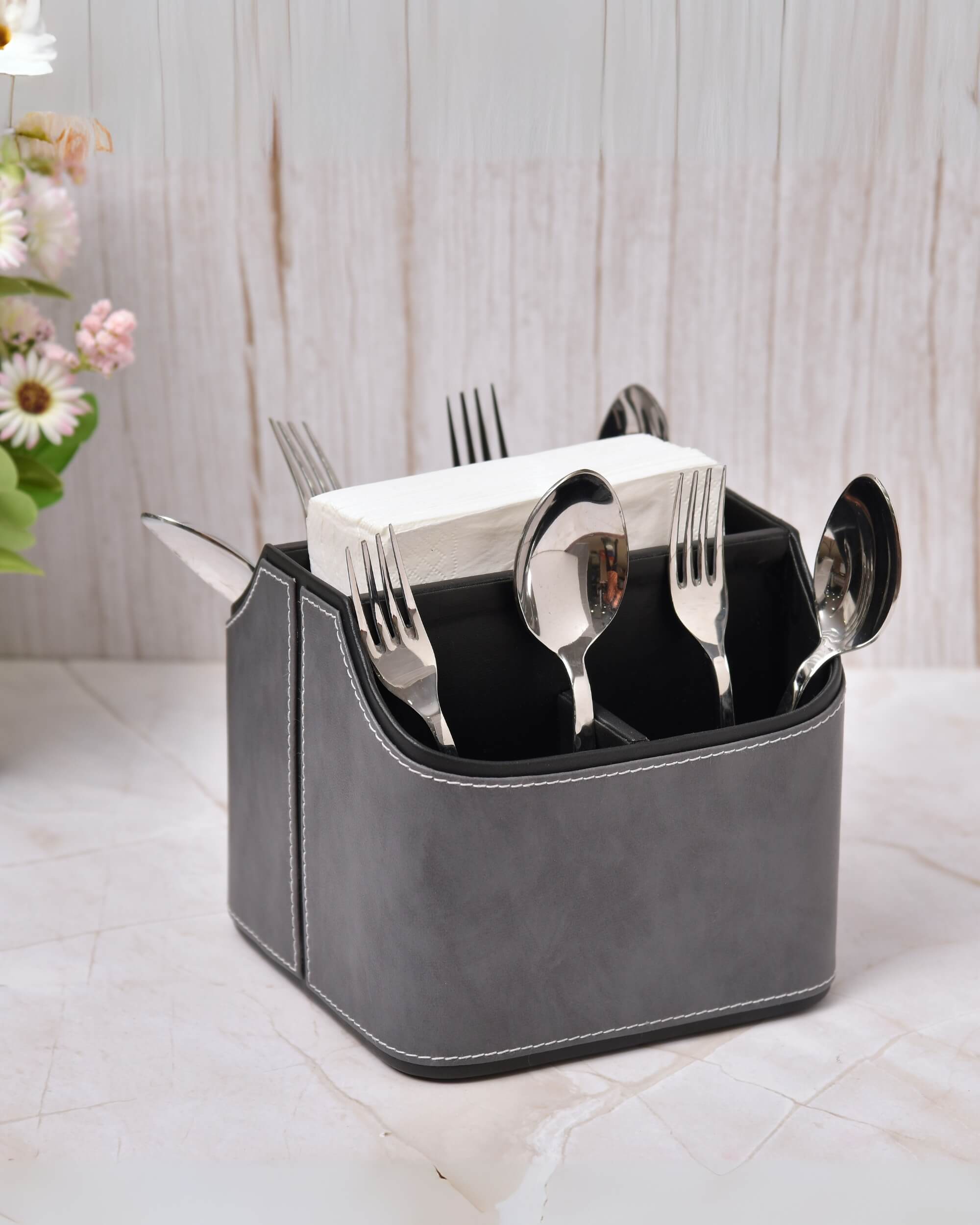 Premsons® Leatherette Cutlery Holder | Multipurpose Organizer for Kitchen and Tableware (Grey & Black, 5 Section)