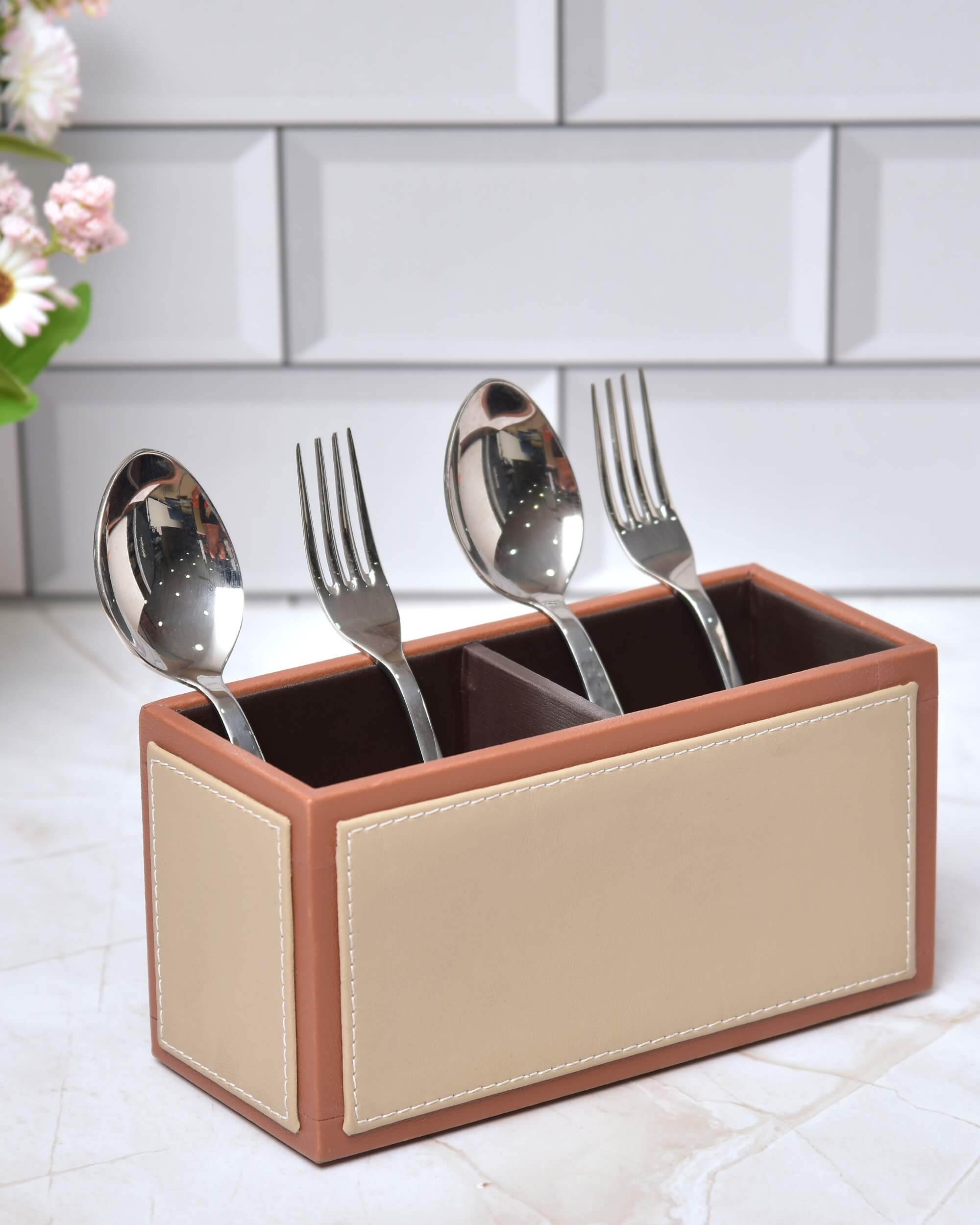 Premsons® Leatherette Cutlery Holder | Multipurpose Organizer for Kitchen and Tableware (Beige & Orange, 2 Section)