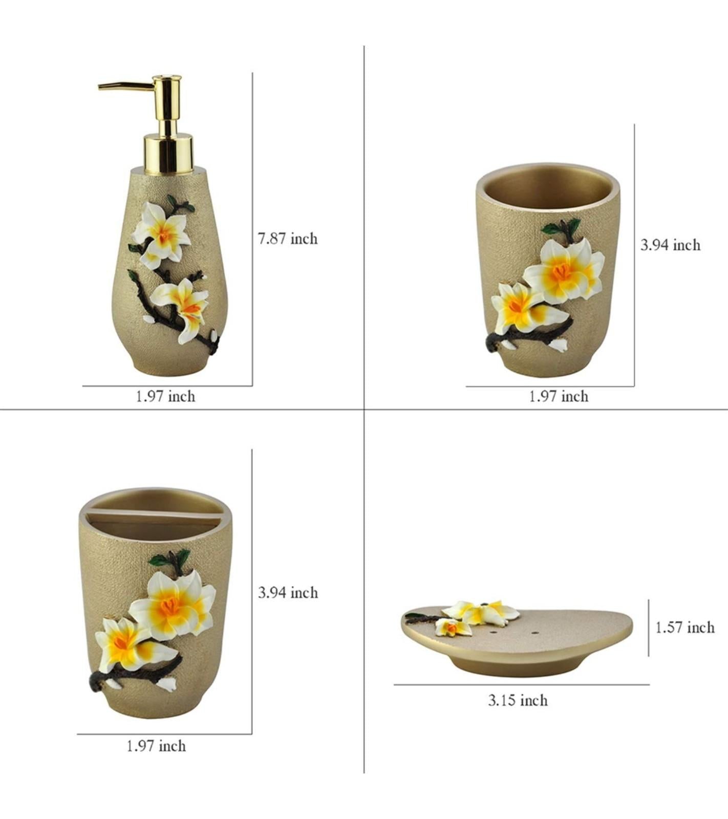 Premsons® Plumeria Dreams Bathroom Accessories Set of 4 – Dispenser, Soap Tray, Cup & Brush Stand – Durable Polyresin Finish