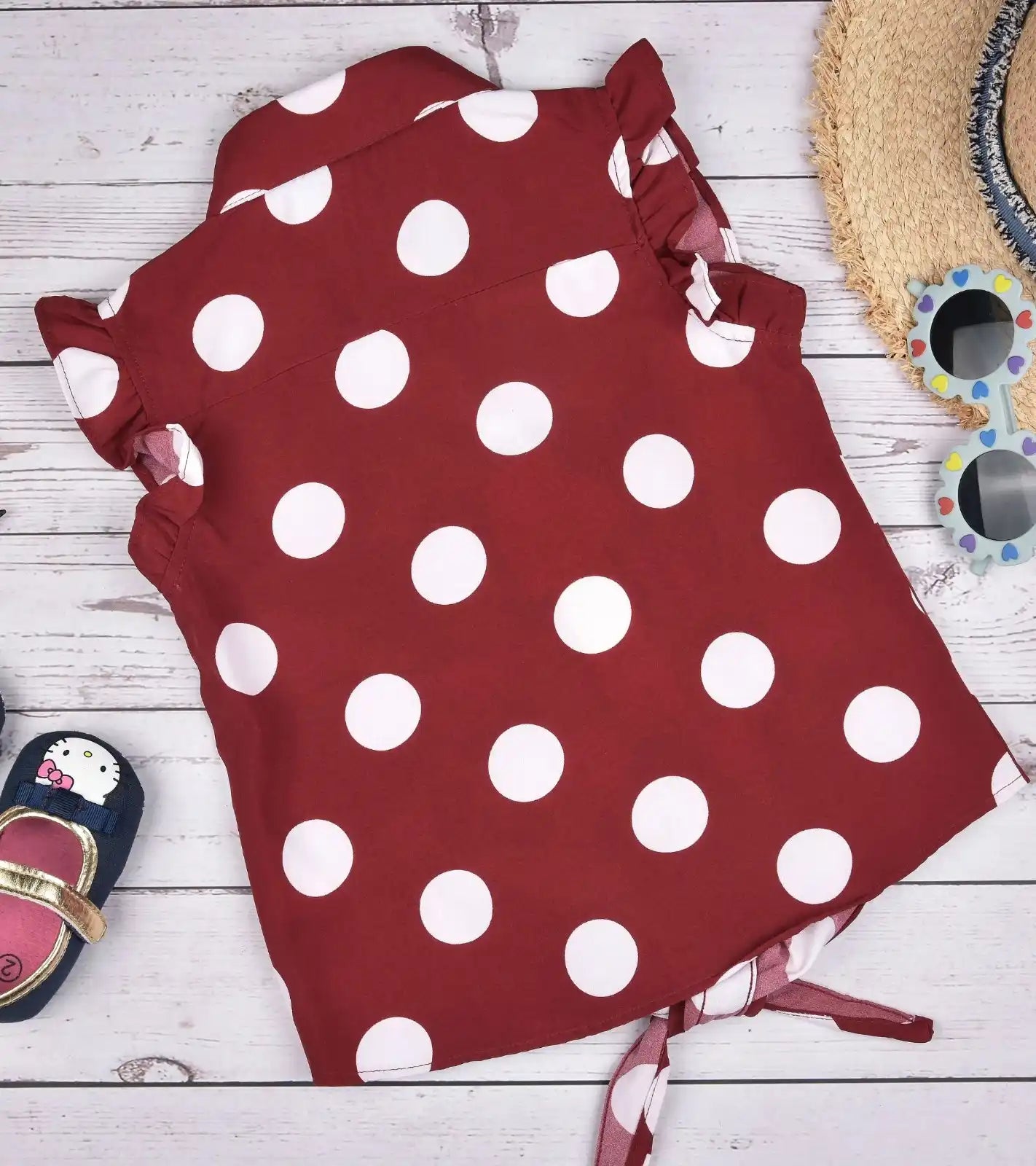 Premsons® Pretty in Polka Girls’ Sleeveless Floral Top with Tie Knot & Ruffle Detail – Casual Shirt with Pockets