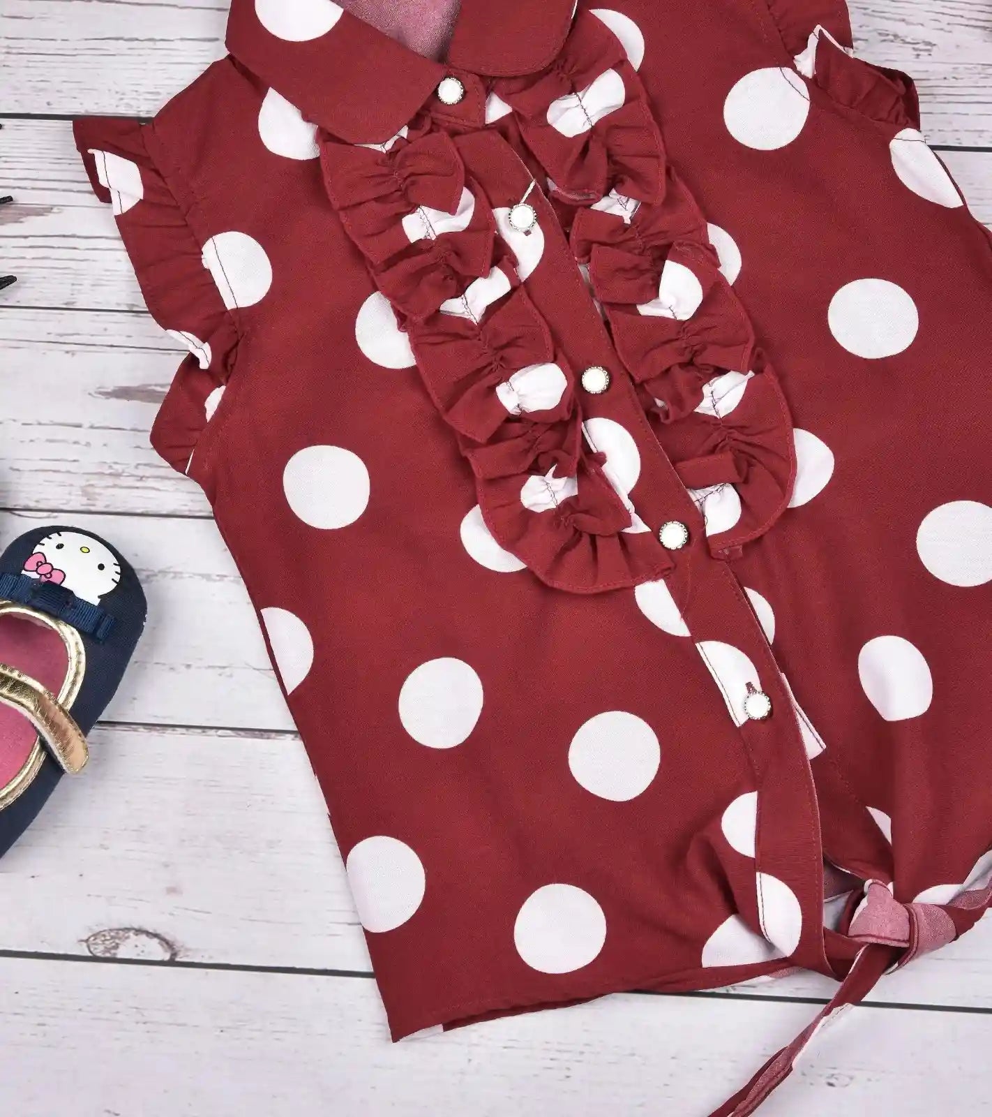 Premsons® Pretty in Polka Girls’ Sleeveless Floral Top with Tie Knot & Ruffle Detail – Casual Shirt with Pockets