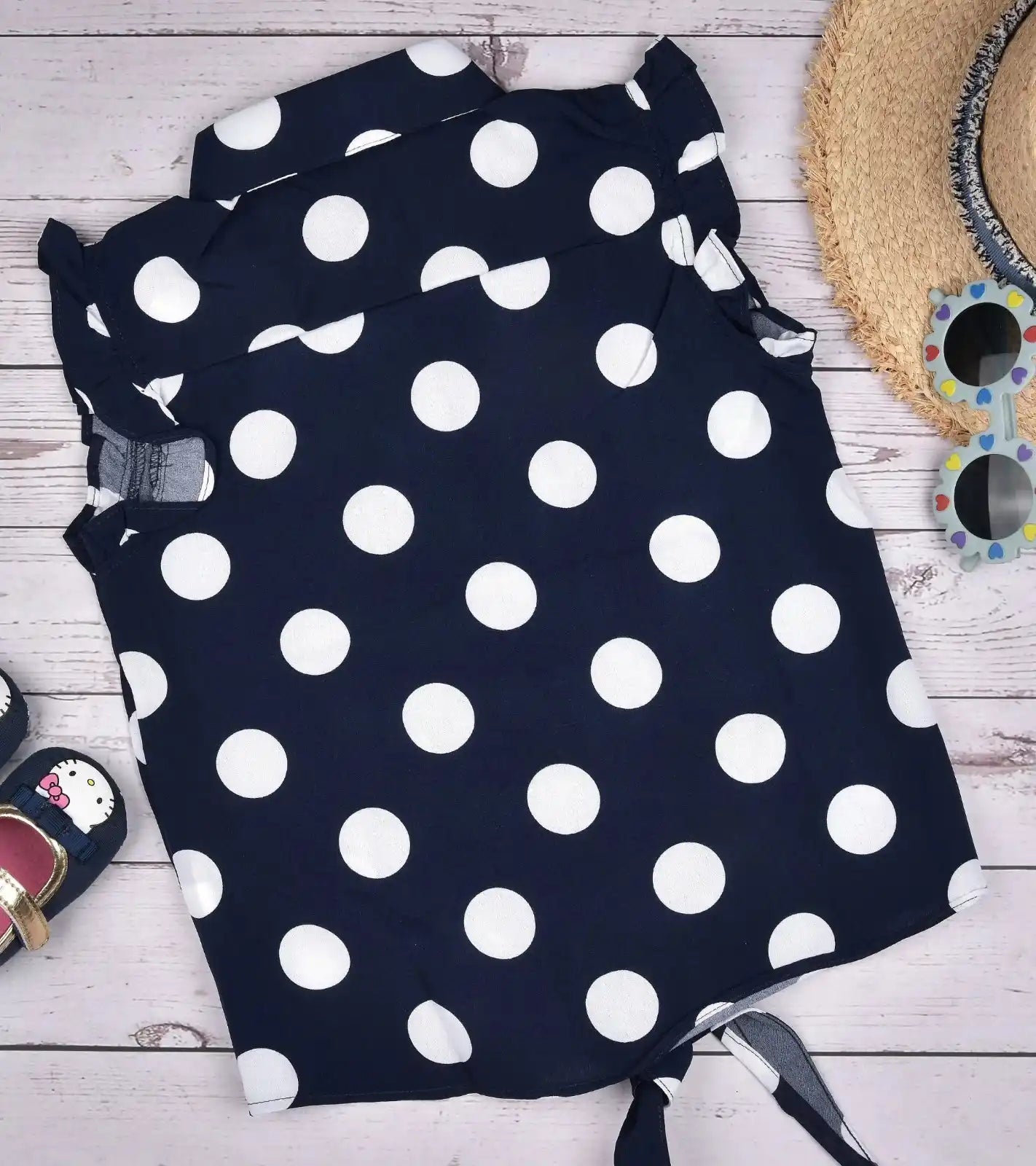Premsons® Pretty in Polka Girls’ Sleeveless Floral Top with Tie Knot & Ruffle Detail – Casual Shirt with Pockets