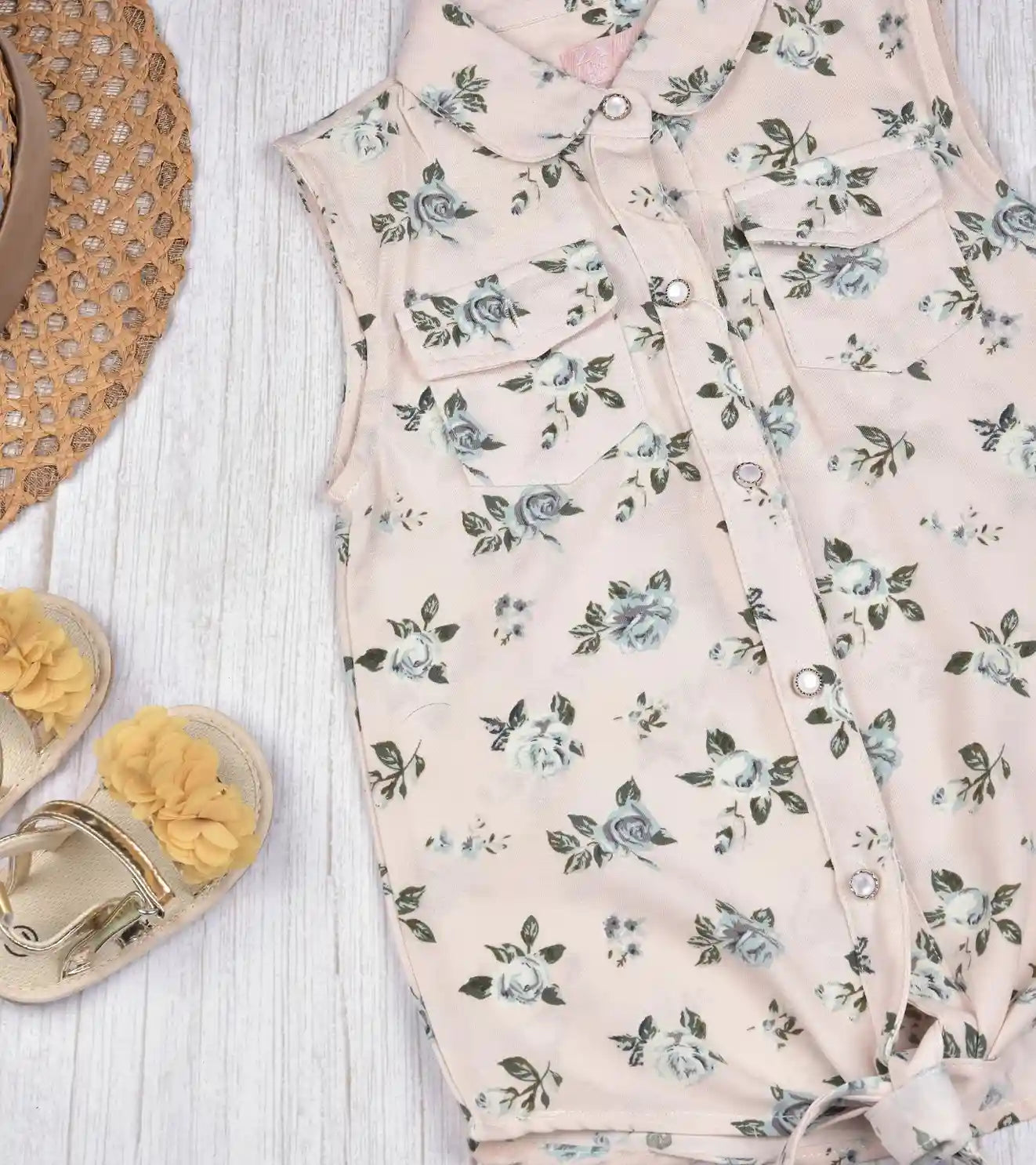 Premsons® Rosy Days Girls’ Sleeveless Floral Top with Tie Knot & Ruffle Detail – Casual Shirt with Pockets