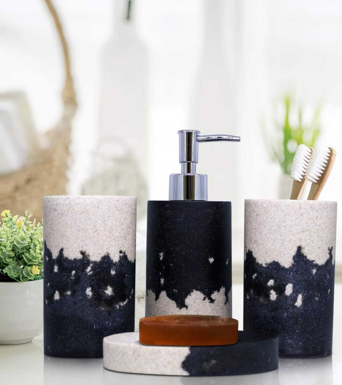 Premsons® Starry Sky Bathroom Accessories Set of 4 – Dispenser, Soap Tray, Cup & Brush Stand – Durable Polyresin Finish