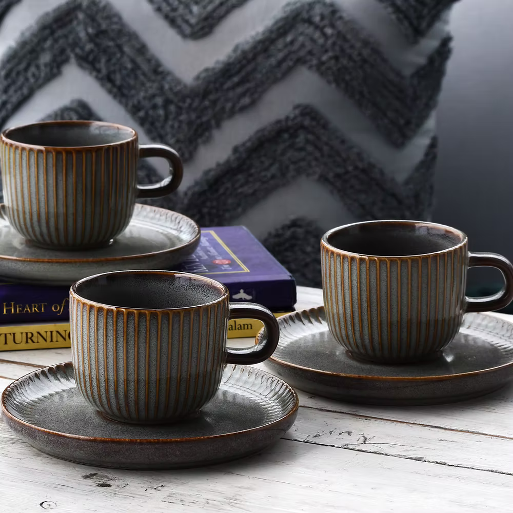 Stoneware Tea Cup & Saucer Set – 12-Piece Ceramic Set for 6 | 200ml Cups, Dishwasher & Microwave Safe