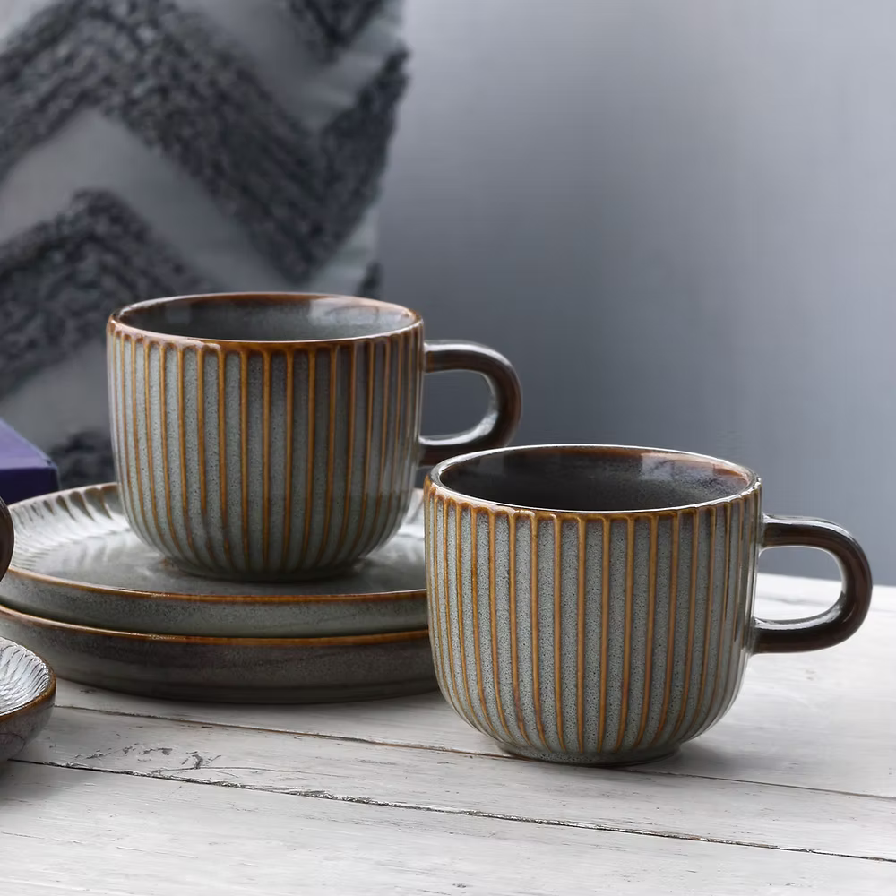 Stoneware Tea Cup & Saucer Set – 12-Piece Ceramic Set for 6 | 200ml Cups, Dishwasher & Microwave Safe