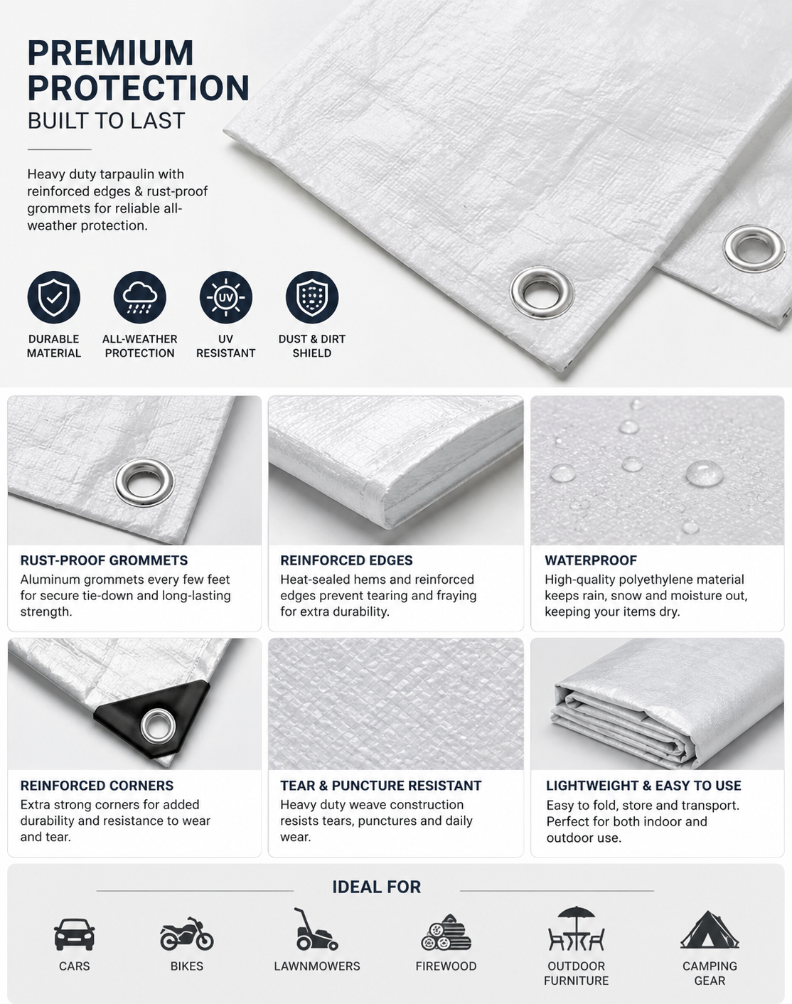 Thick white waterproof tarpaulin sheet with metal grommets and reinforced edges