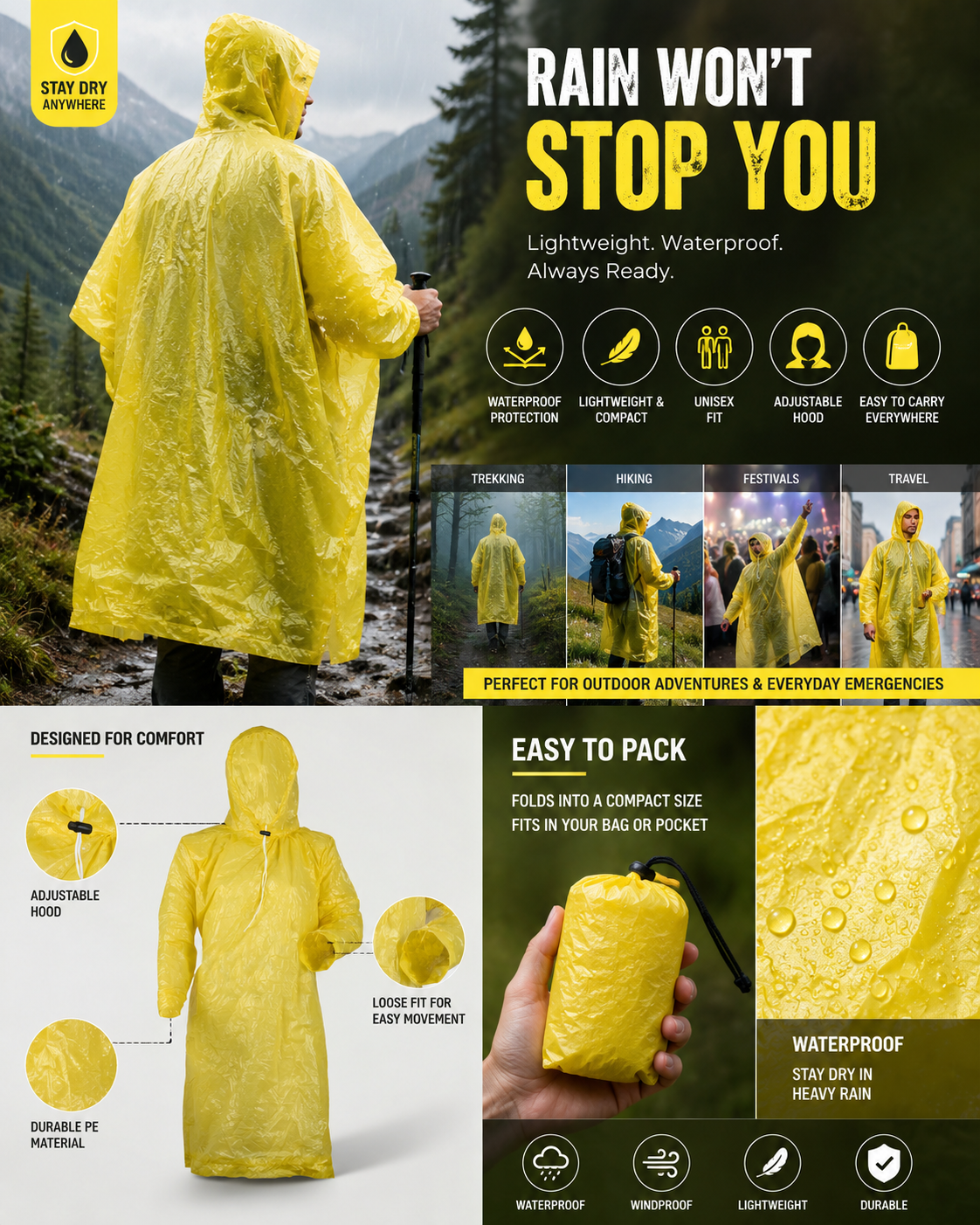 Yellow packable hooded rain poncho with sleeves, waterproof lightweight material